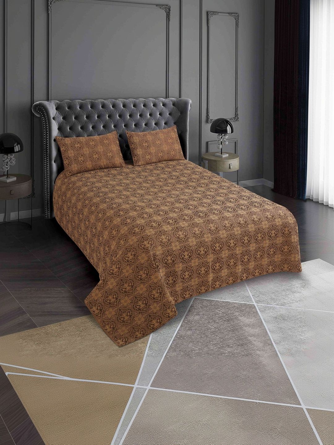 Victor Coffee Brown Ethnic Motifs Polycotton Double Bed - King Bed Covers-picture-14