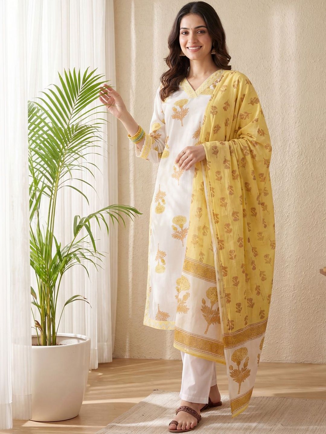 Indo Era Women Floral Printed Regular Thread Work Pure Cotton Kurta with Trousers & With Dupatta-picture-36