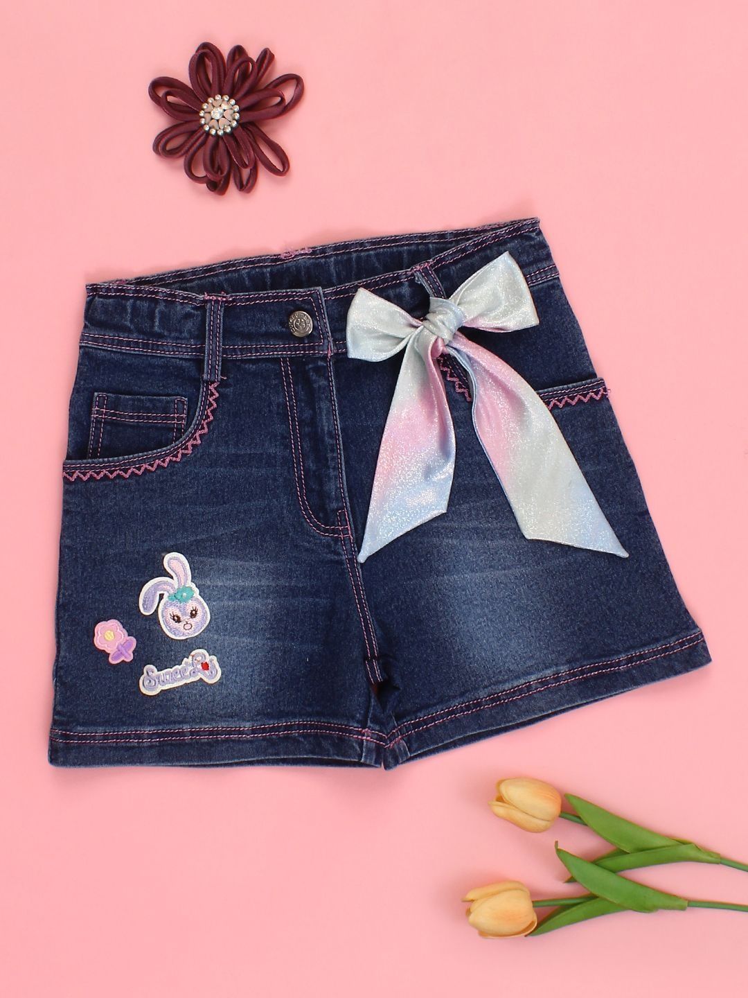 CUTECUMBER Girls Embellished High-Rise Denim Blend Denim Shorts Technology-image-7