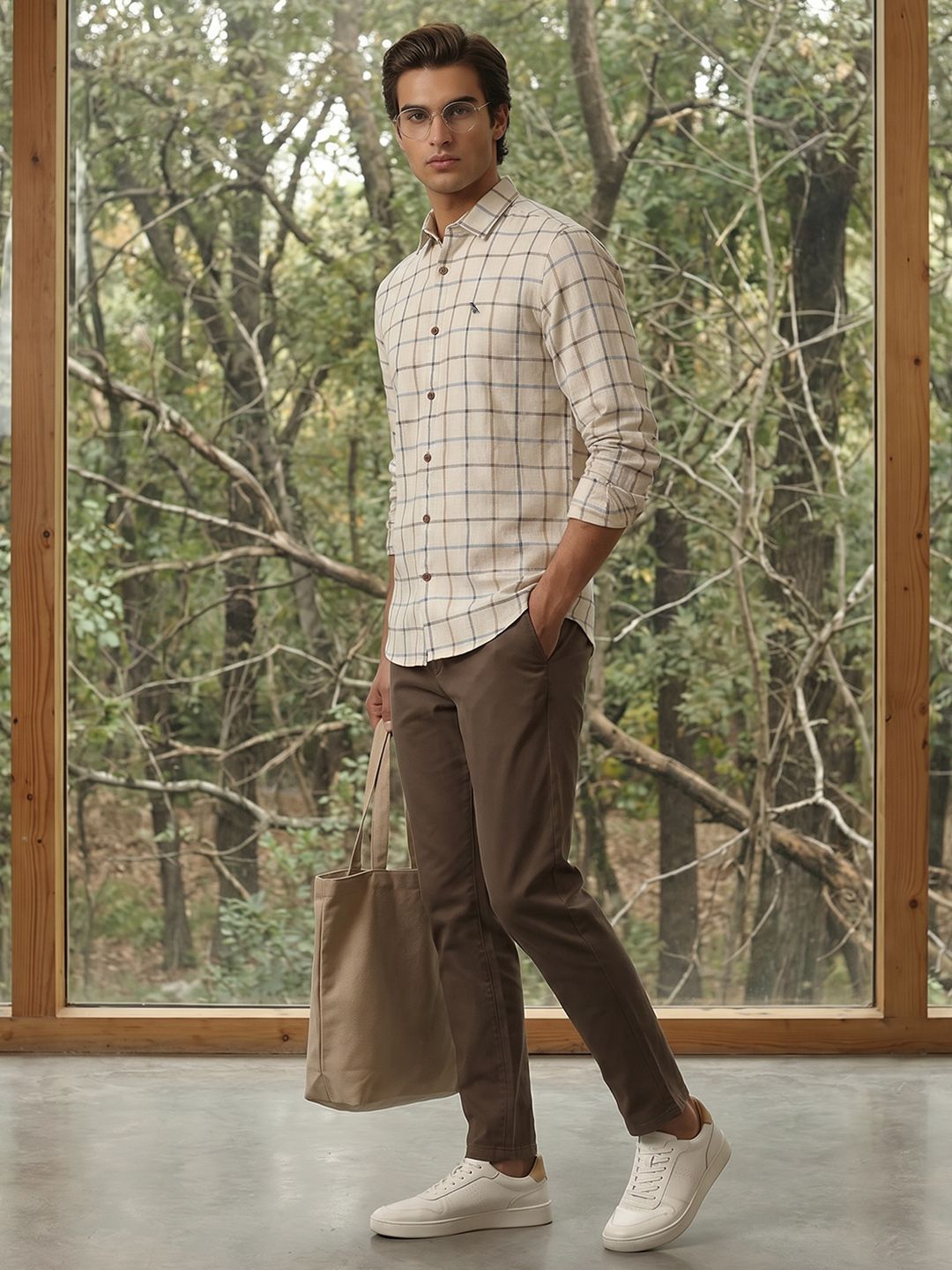 Mr Bowerbird Cotton Linen Tailored Fit Windowpane Checked Casual Shirt-image-1