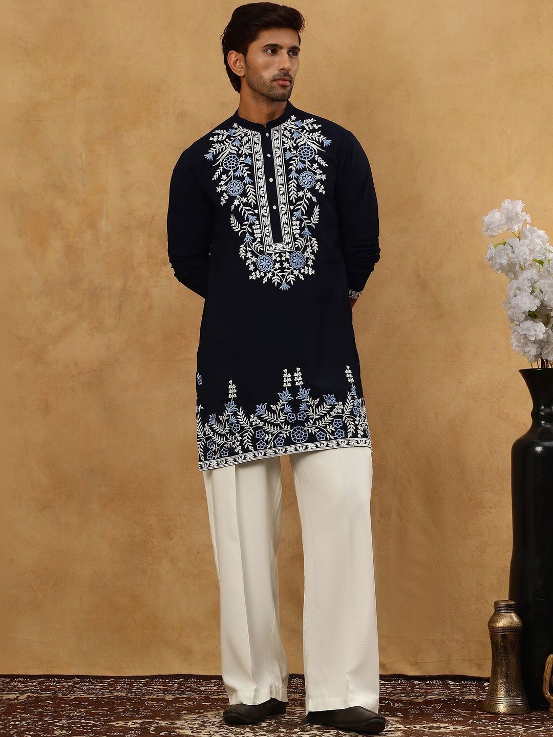 Jompers Men Floral Embroidered Regular Chikankari Kurta with Pyjamas-picture-38