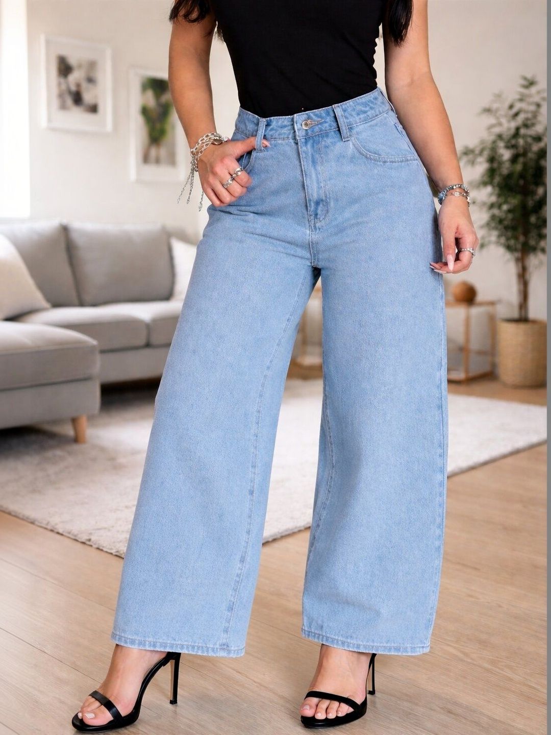 AngelFab Women Wide Leg High-Rise Light Fade Stretchable Jeans-picture-47
