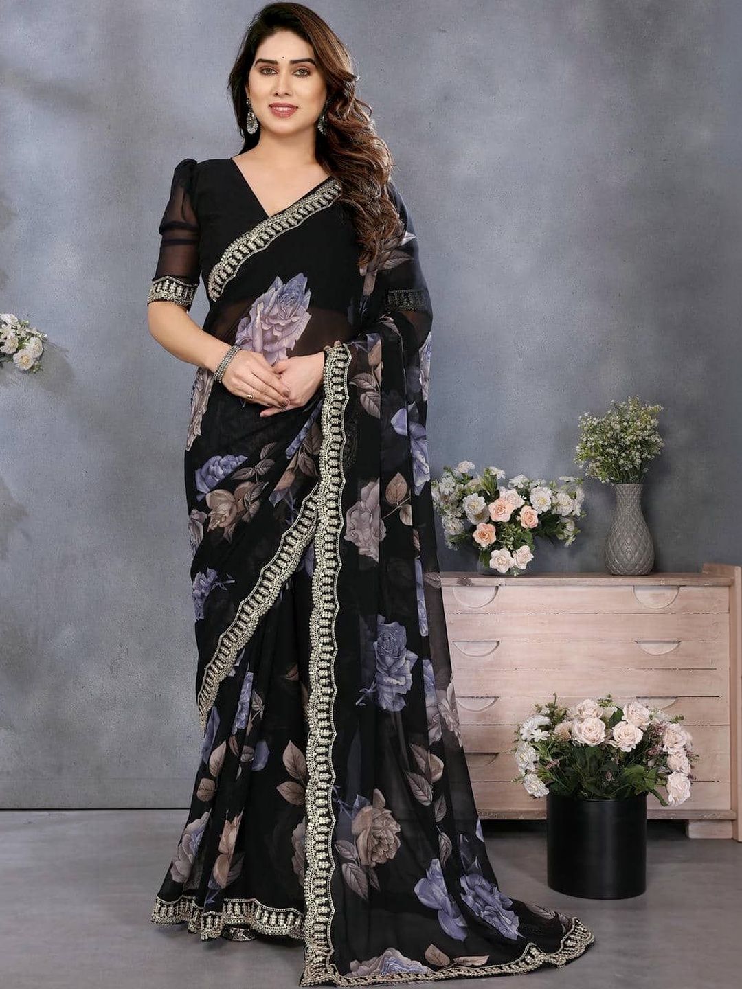 KALINI Floral Embroidered Poly Georgette Saree-picture-58