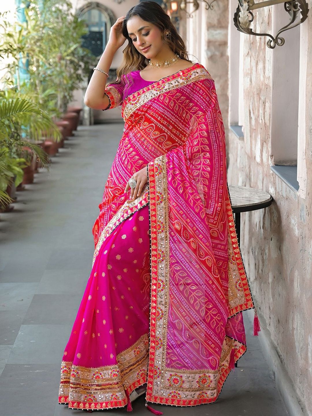 Sangria Embroidered Bandhani Sarees Blouse Piece-picture-32