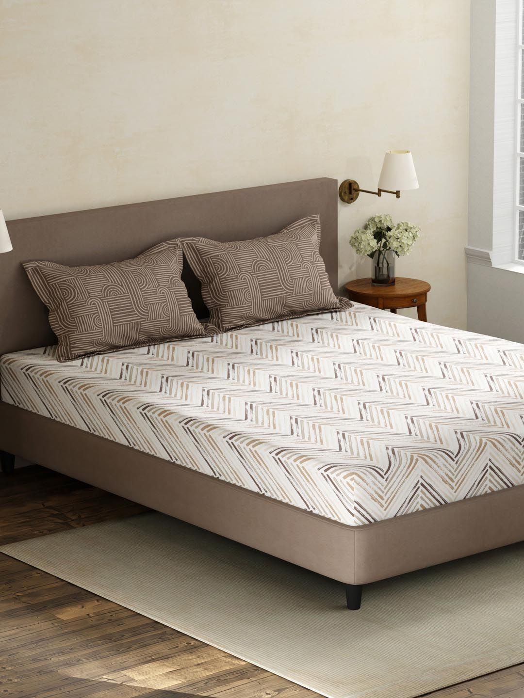 Layers Brown Striped 180 TC King Bedsheet with 2 Pillow Covers-image-12