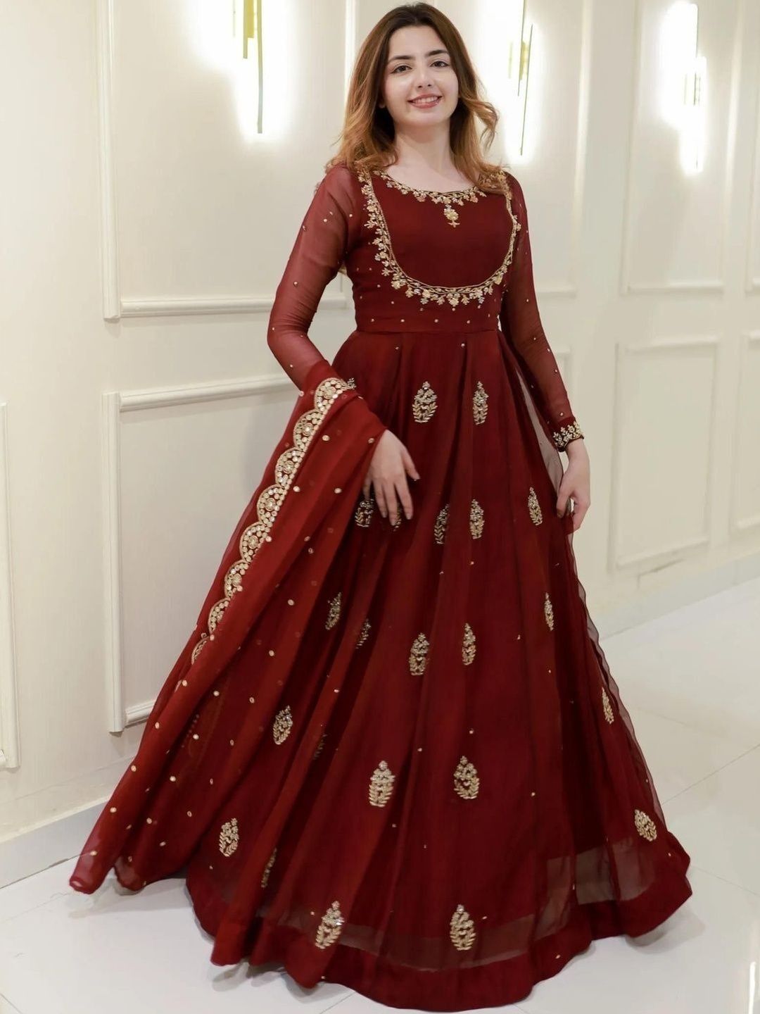 KALINI Ethnic Motifs Embroidered V-Neck Sequinned Pure Georgette Sequinned Angrakha Anarkali Kurti-picture-21
