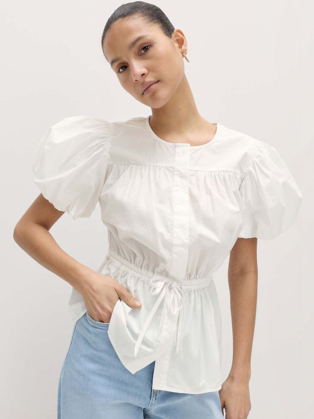 Marks & Spencer Solid White Cotton Women Regular Fit Top-image-3