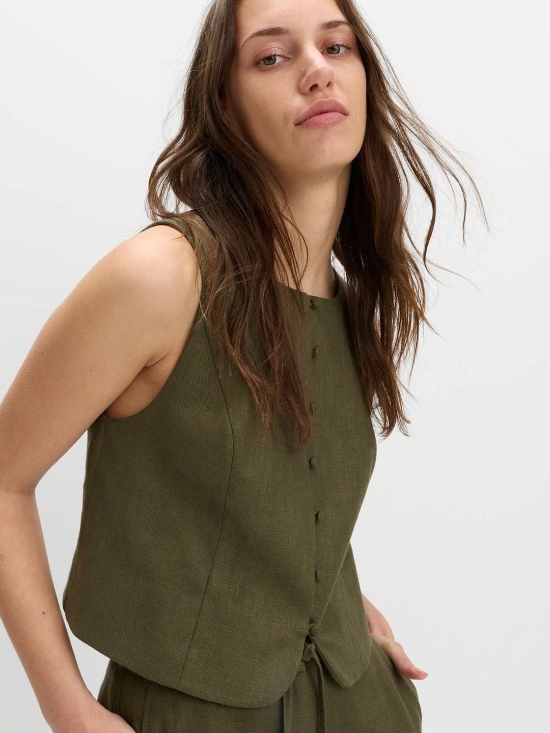 Marks & Spencer Solid Green Linen Tailored Fit Waistcoat-picture-29