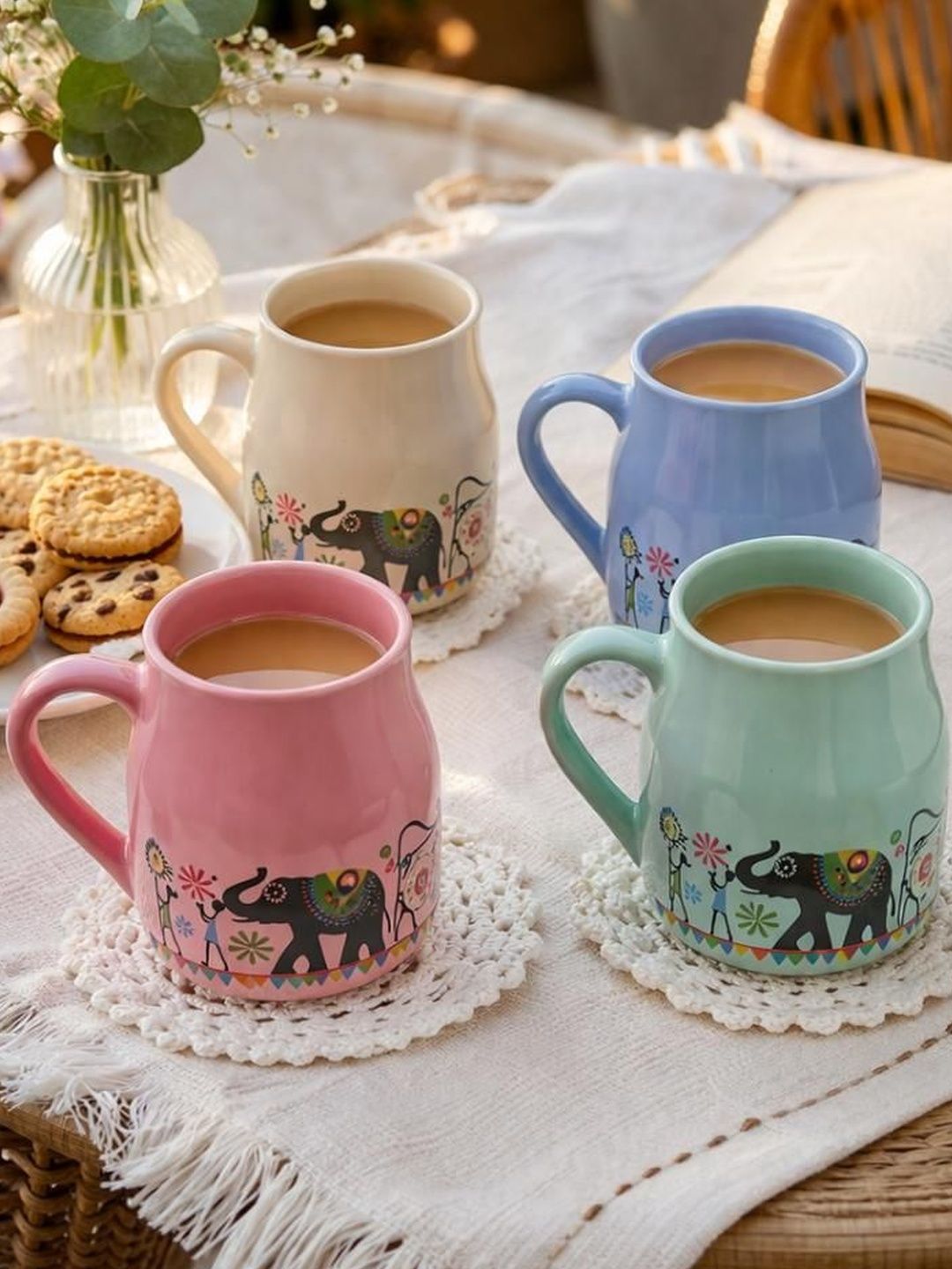 RUHANI HOMES Multicoloured Ethnic Motifs Printed Ceramic Glossy Cups Set of Cups and Mugs-image-44