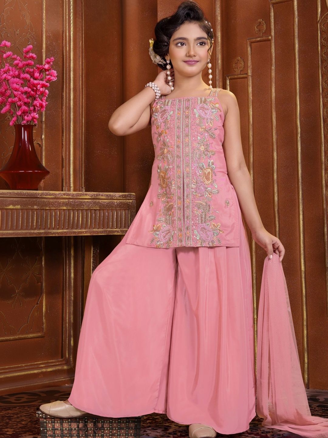 Lagorii Girls Embroidered Thread Work Top with Palazzos & With Dupatta-picture-16