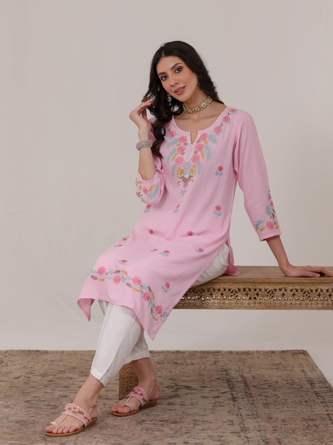 QAZMI Women Aari Embroidered Viscose Rayon Straight Kurta-picture-43