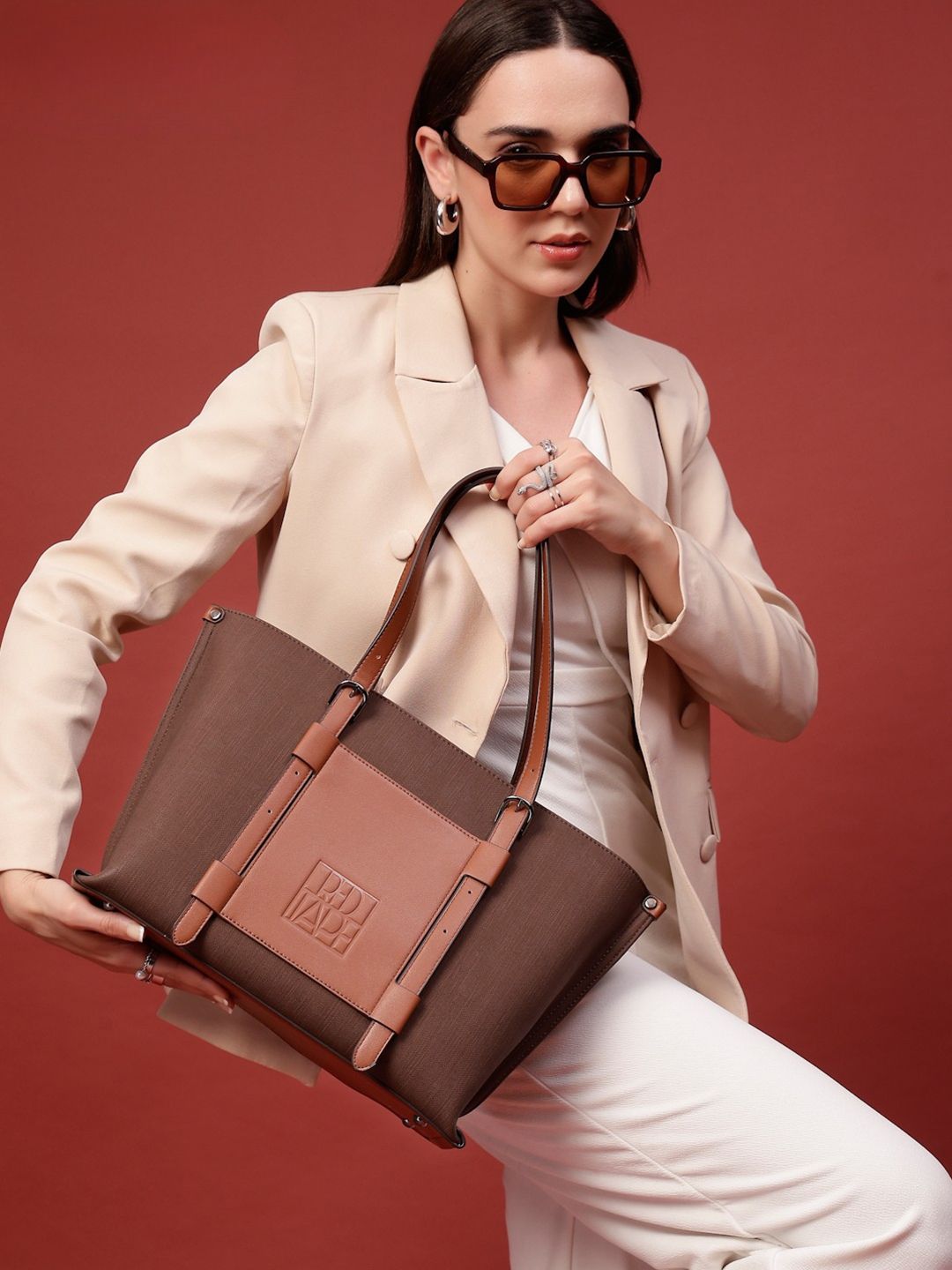 Red Tape Women Brown Coffee Self Design Colorblocked Casual Formal Structured Tote Bag-picture-41
