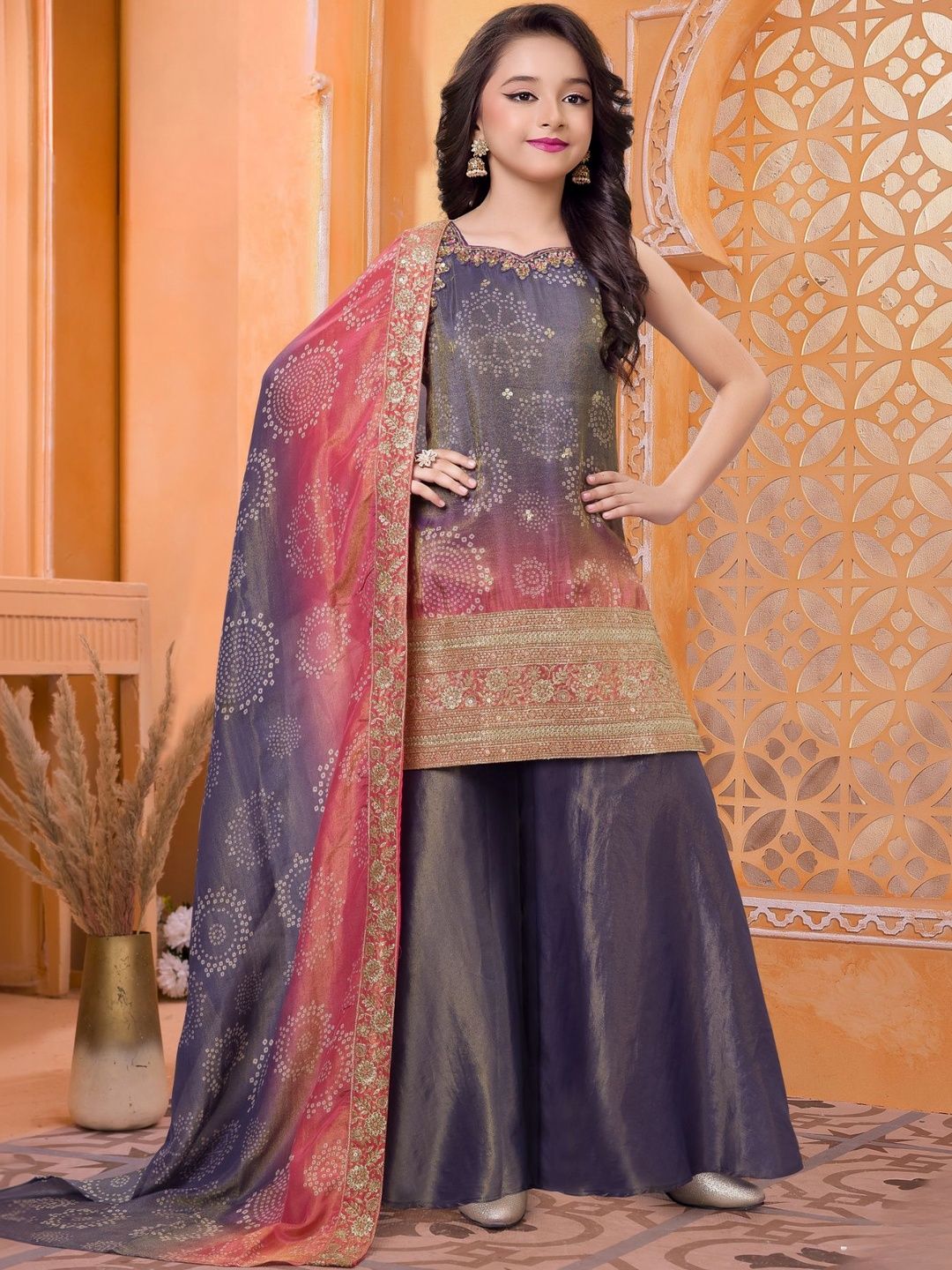 Lagorii Girls Embroidered Sequinned Silk Crepe Top with Palazzos & With Dupatta-image-39