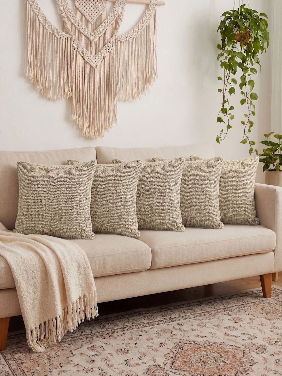 KLOTTHE 5-Pcs Beige Embroidered Pure Cotton Washable Embroidered Square Cushion Covers-image-45