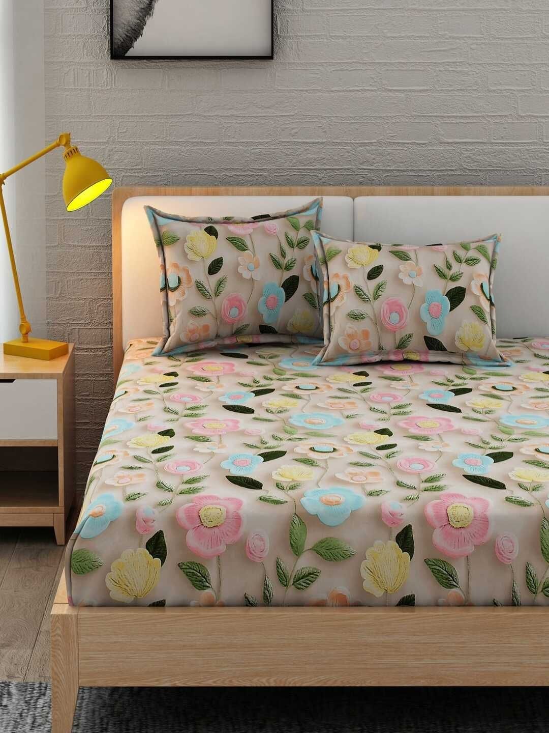 TINDLER KNOTS Multicoloured Floral 210 TC Bedsheet with 2 Pillow Covers