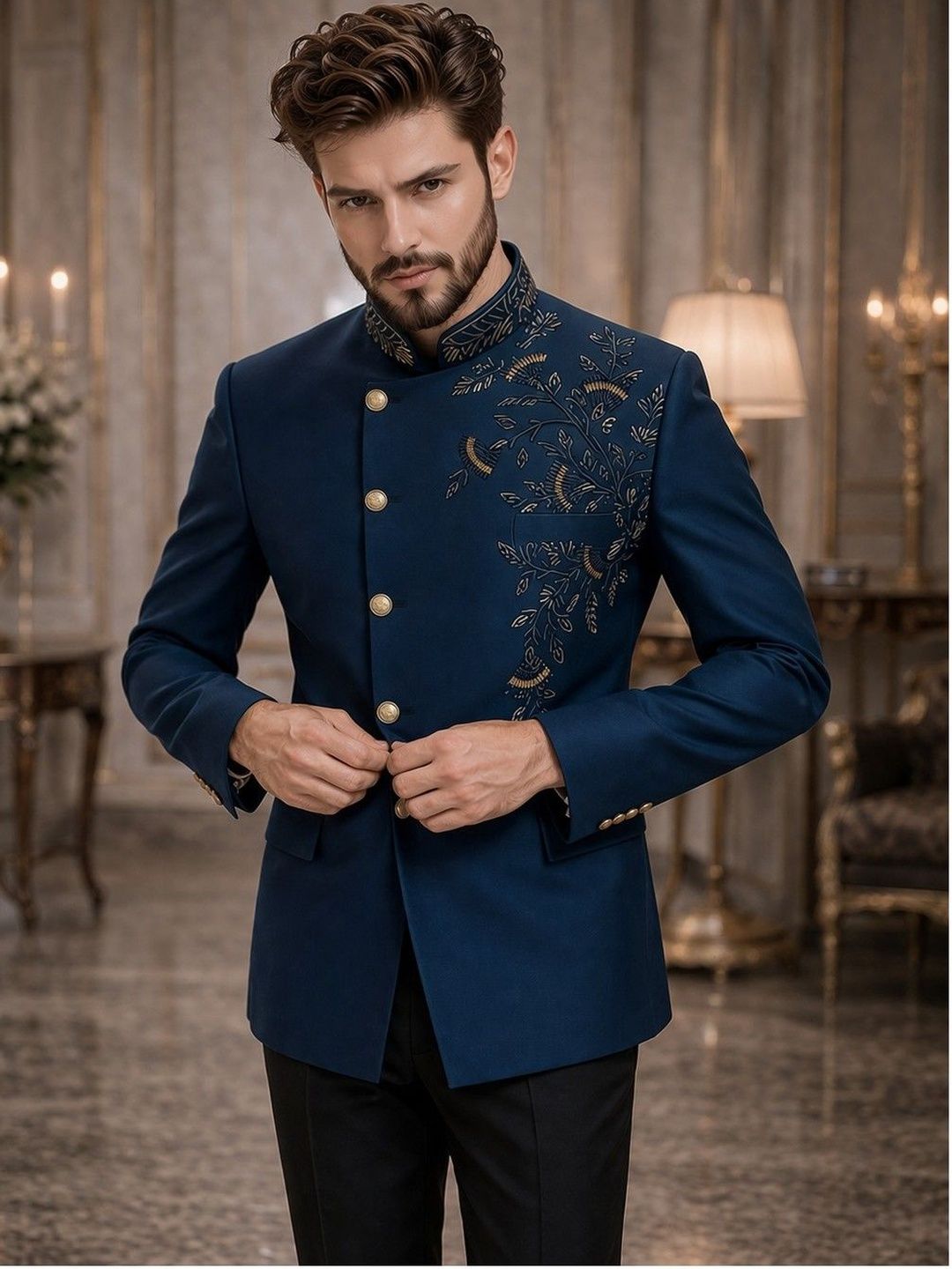 House of Pataudi Self Designed Mandarin Collar Tailored Fit Blazers-image-26
