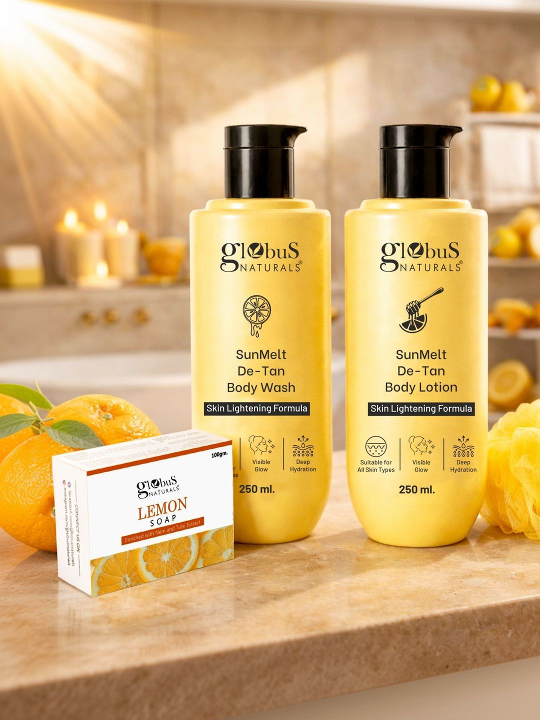 Globus naturals Set Of 3 De Tan Body Lotion & Body Wash -250ml Each With Lemon Soap 100 g-picture-11