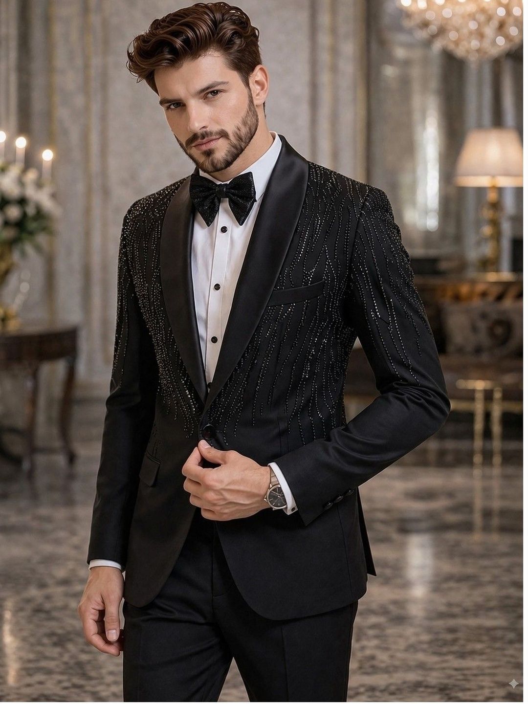 House of Pataudi Pure Cotton Notched Lapel Tuxedo Tailored Fit Party Blazers-image-5
