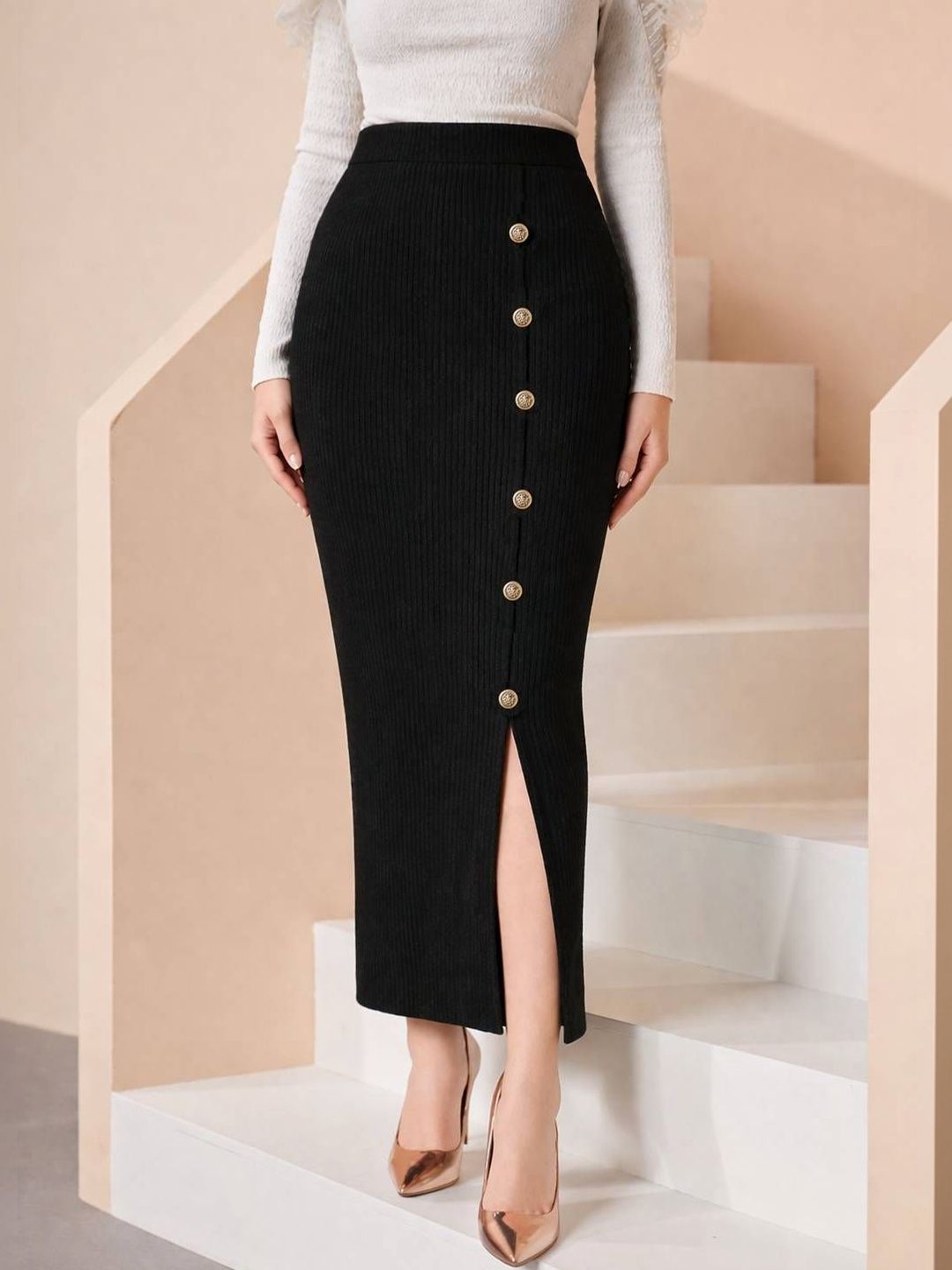 AROD Women Jacquard Front Slit Maxi Pencil Skirt-picture-30