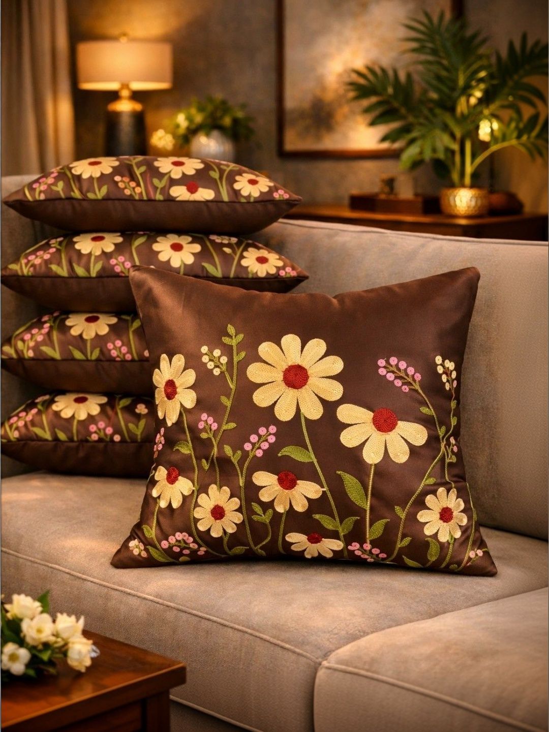 LOFEY Brown Set of 5 Embroidered Satin Square Cushion Covers-picture-10