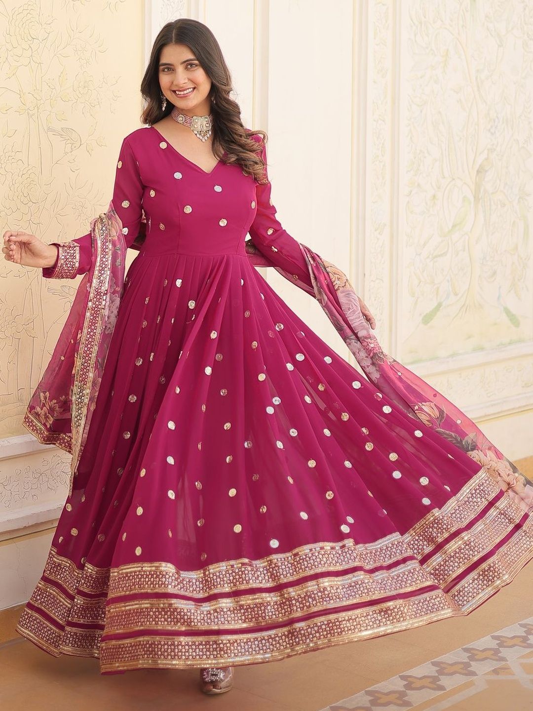 HERE&NOW Embroidered V-Neck Fit & Flare Ethnic Dresses-picture-19