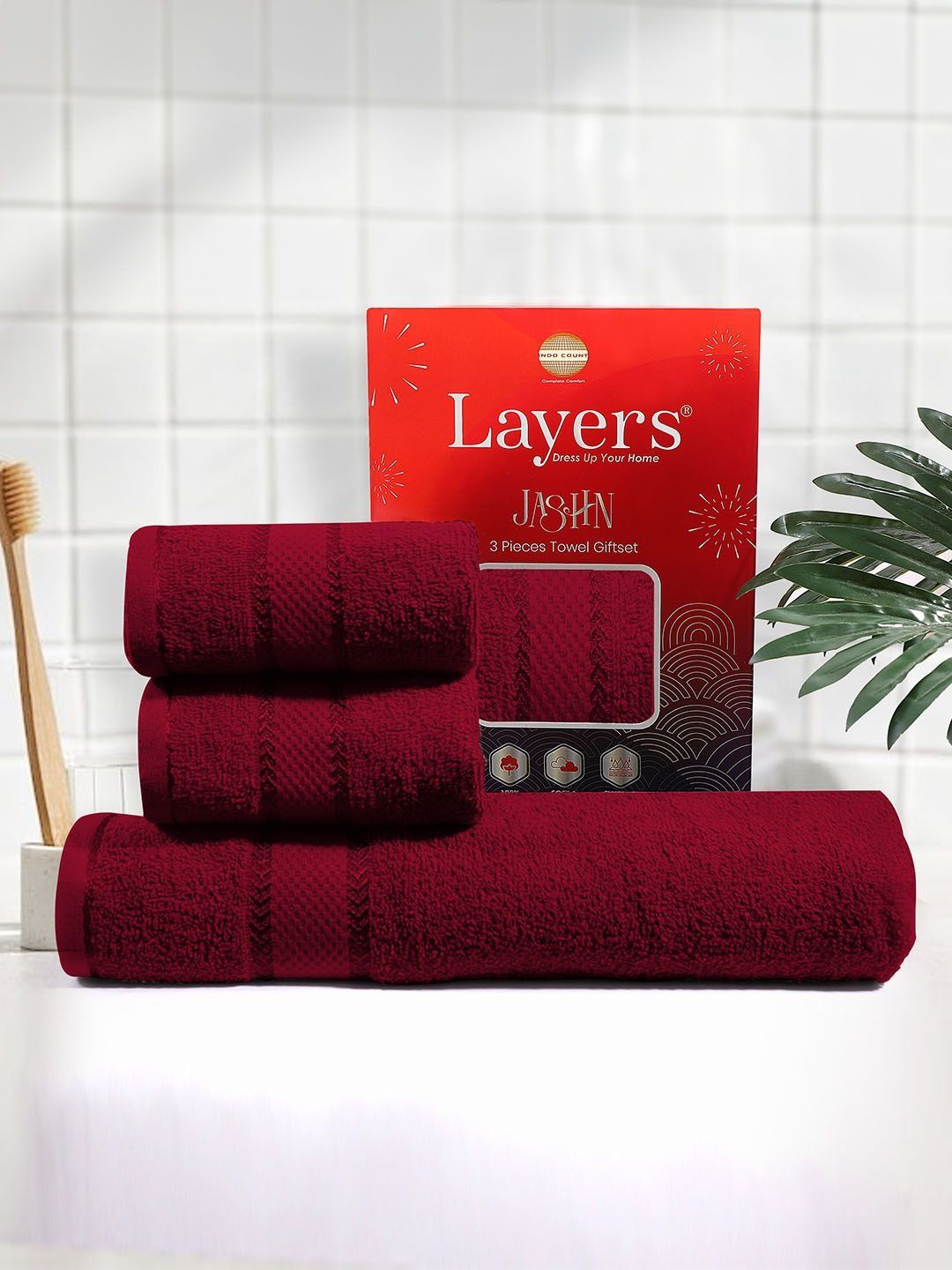 Layers Maroon 3 Piece Cotton 380 GSM Towel Set-image-17