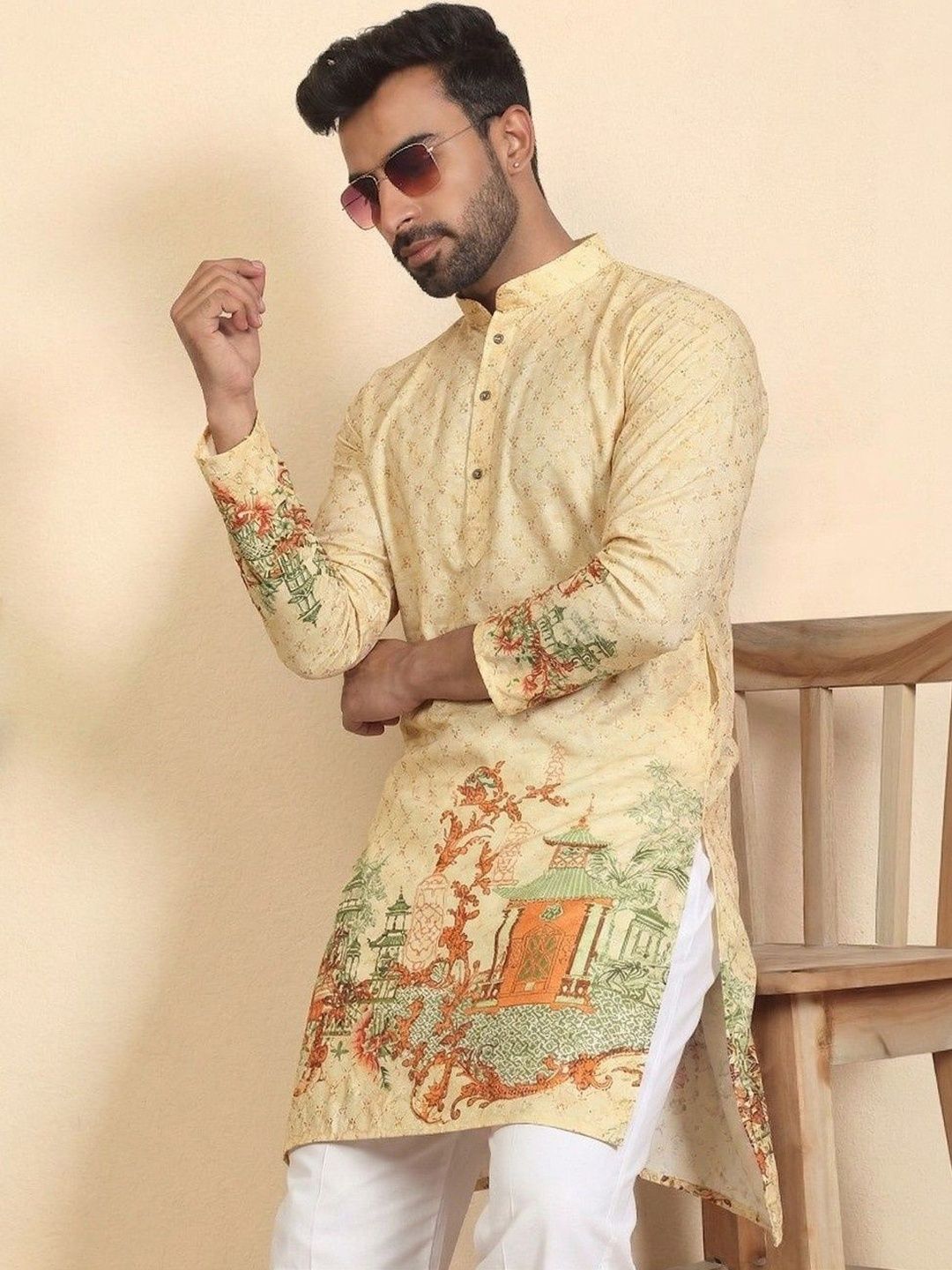 Dincharya Men Ethnic Motifs Printed Sequinned Floral Kurta-picture-36