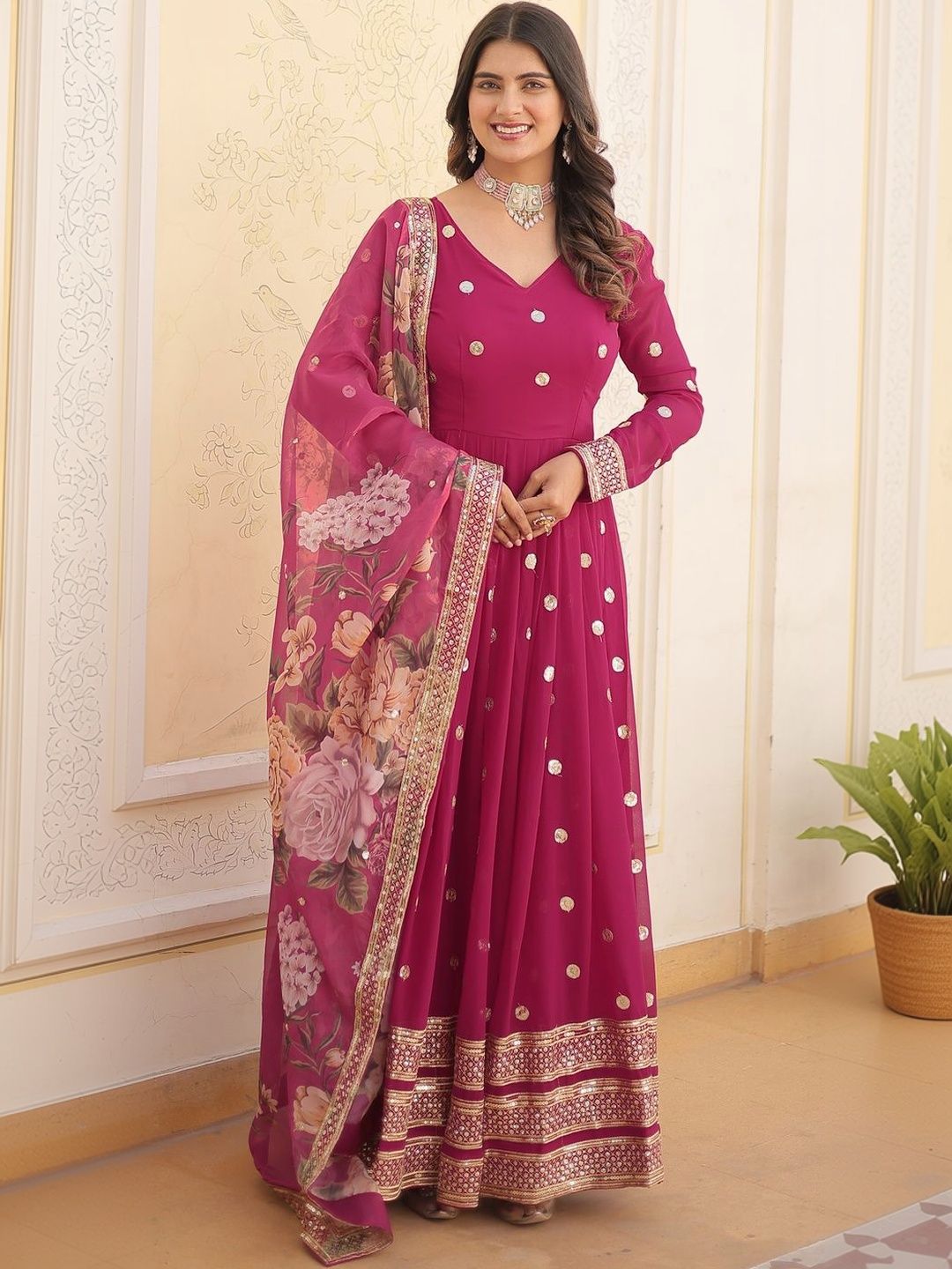 HERE&NOW Embroidered V-Neck Fit & Flare Ethnic Dresses-picture-16