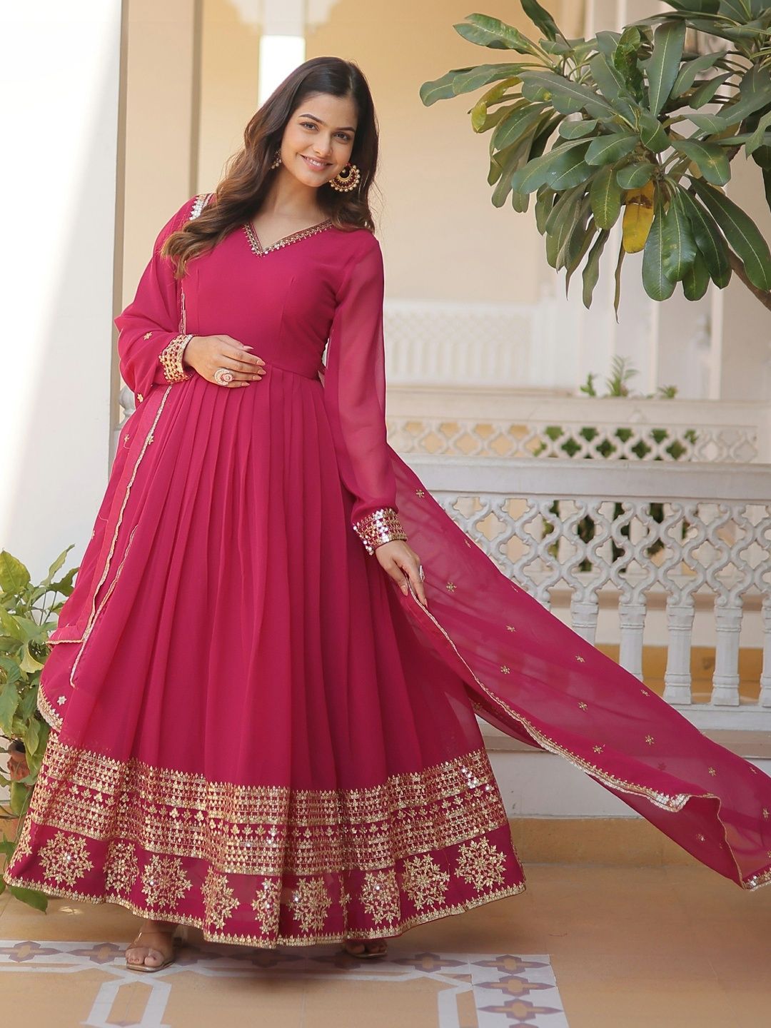 HERE&NOW Embroidered V-Neck Fit & Flare Ethnic Dresses-picture-25