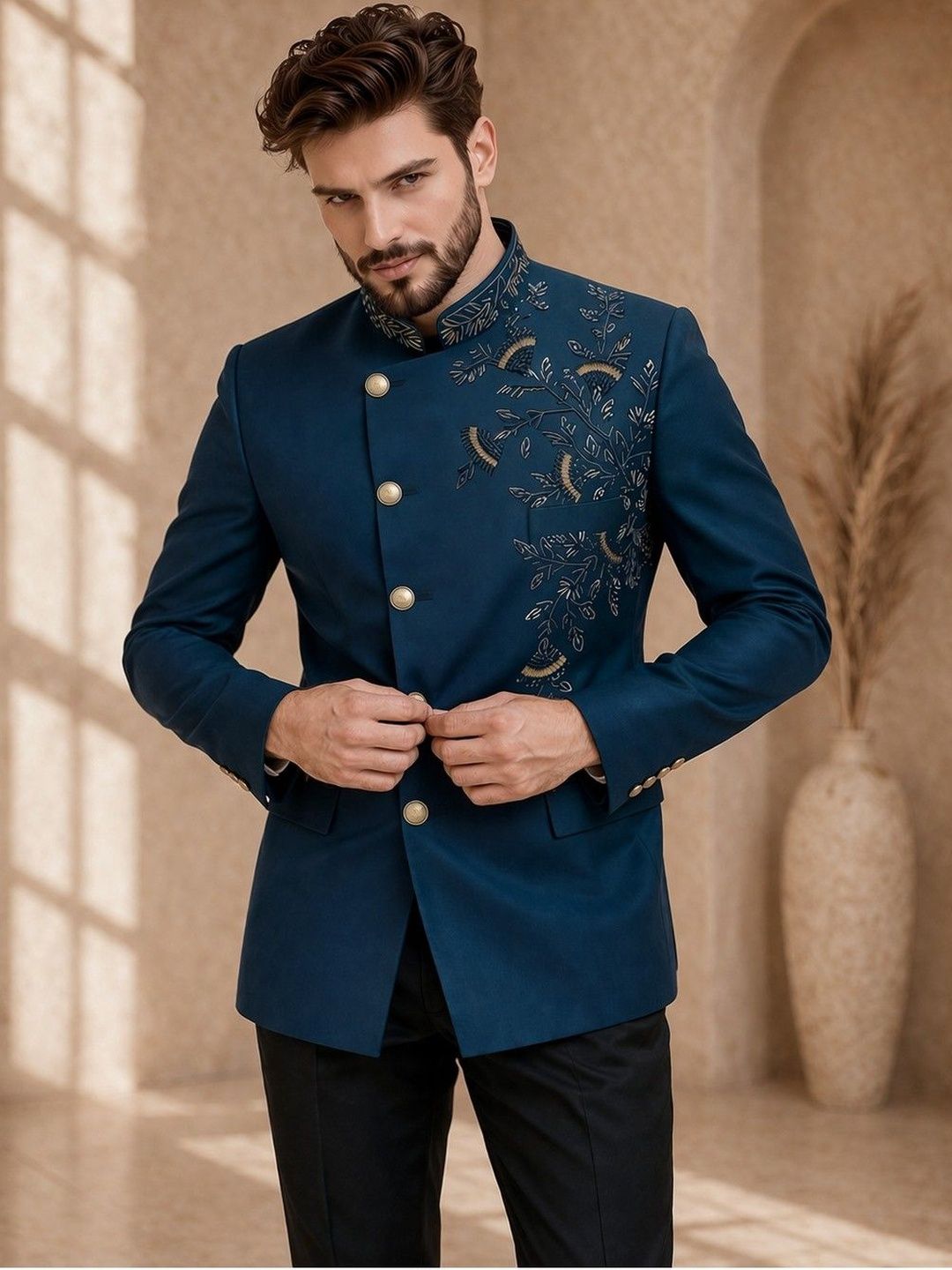 SOURAGYA Self Design Mandarin Collar Tuxedo Tailored Fit Party Blazers-picture-50