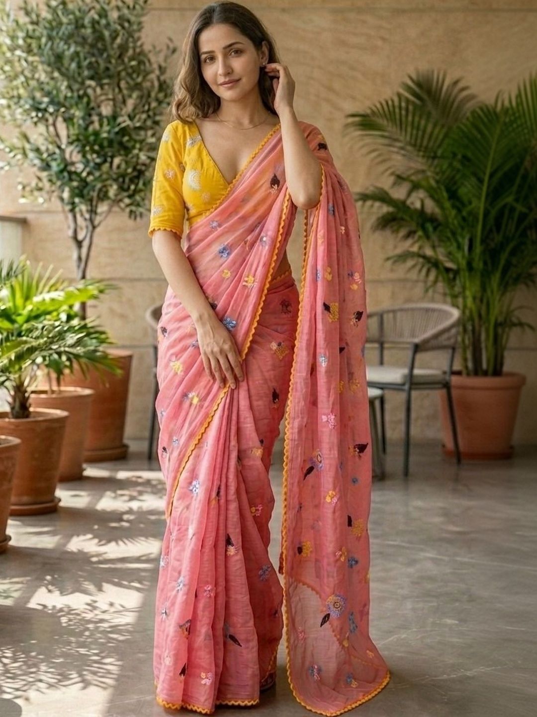 HANDME Rosy Charm Mul Chanderi Embroidered Saree-picture-41