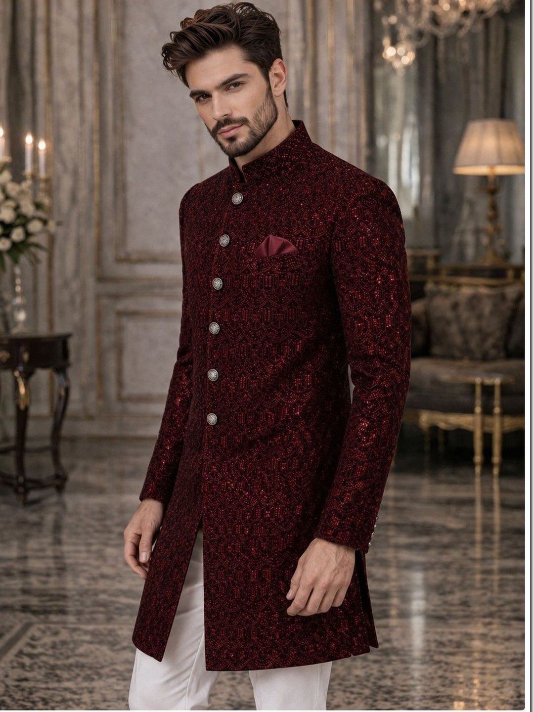 House of Pataudi Self Designed Mandarin Collar Sherwani-image-38