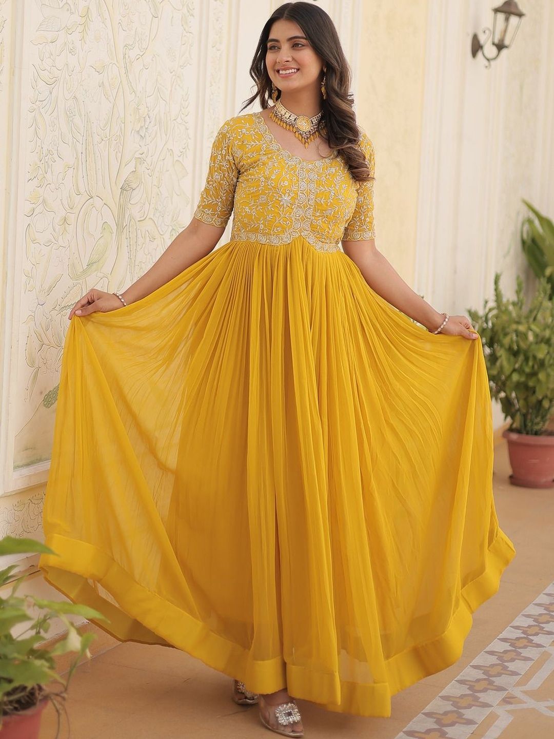 HERE&NOW Embroidered Round Neck Fit and Flare Ethnic Dress-image-12