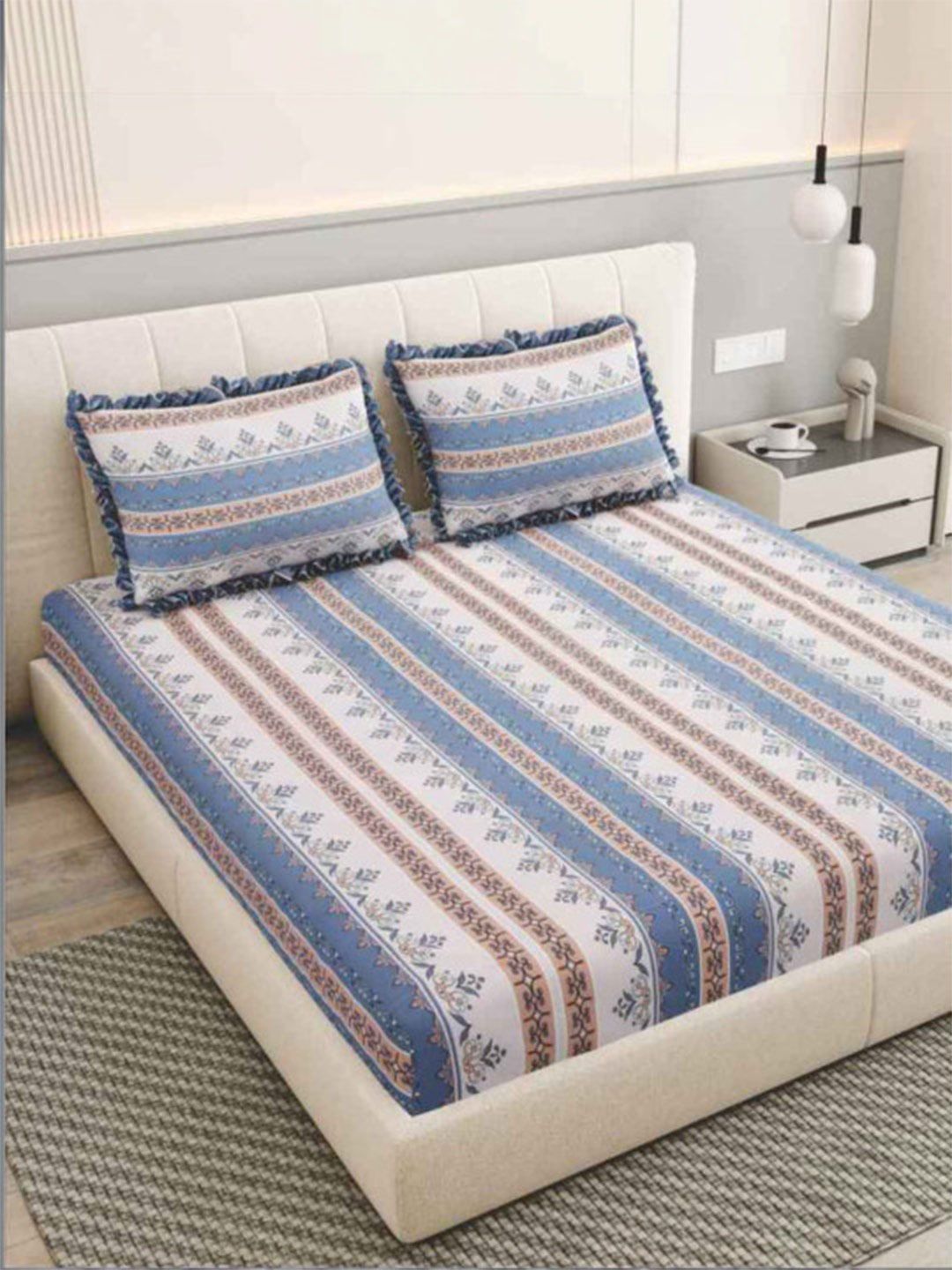 DREAM WEAVERZ Beige Striped 260 TC King Bedsheet with 2 Pillow Covers-image-46