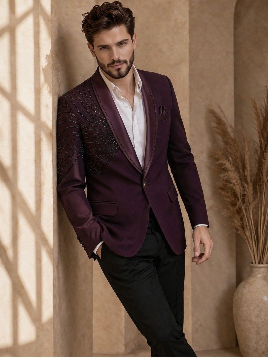 SOURAGYA Self Design Shawl Collar Tuxedo Tailored Fit Party Blazers-picture-13
