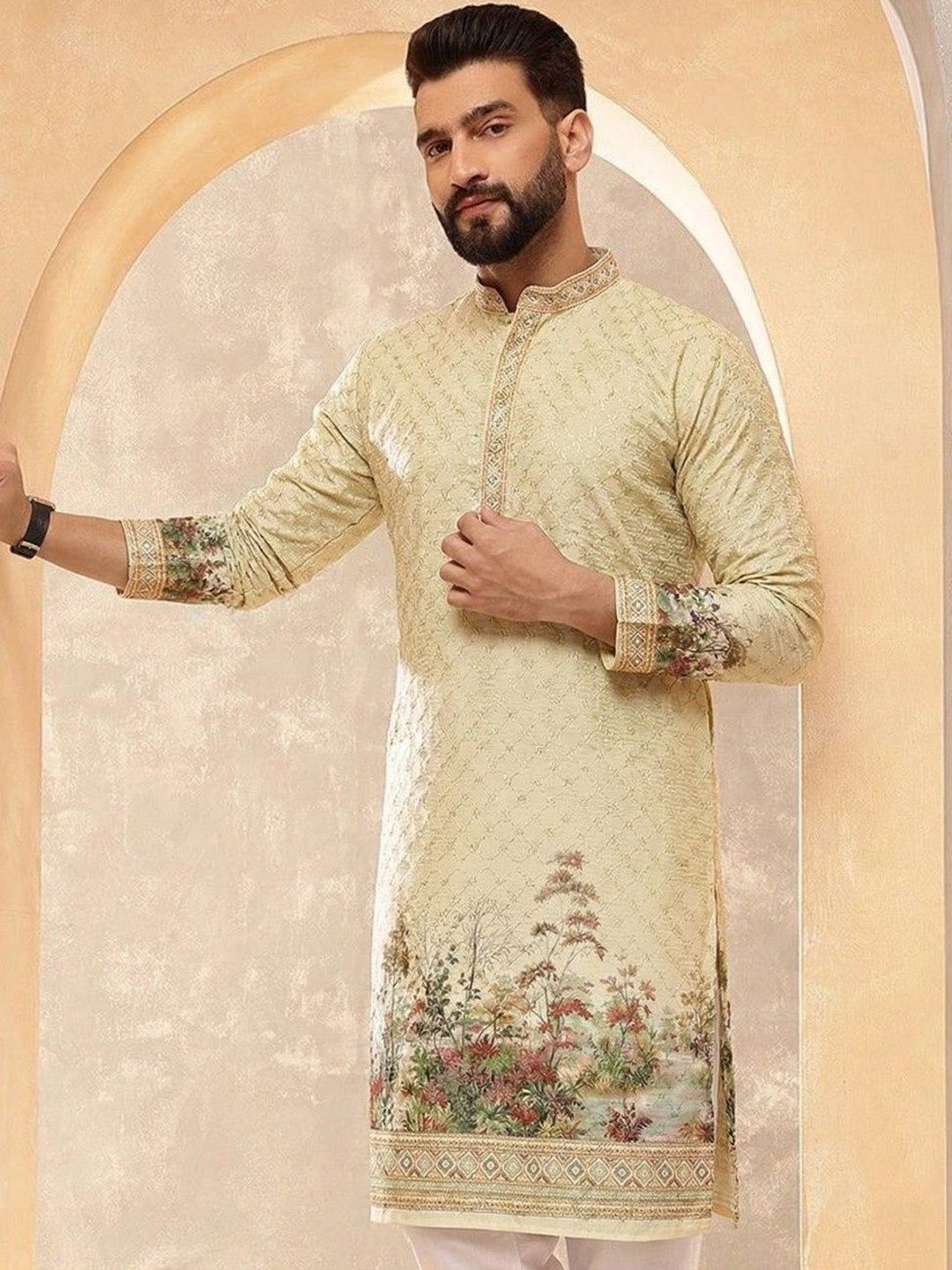 VELKYNOX Men Ethnic Motifs Printed Sequinned Floral Kurta-picture-36
