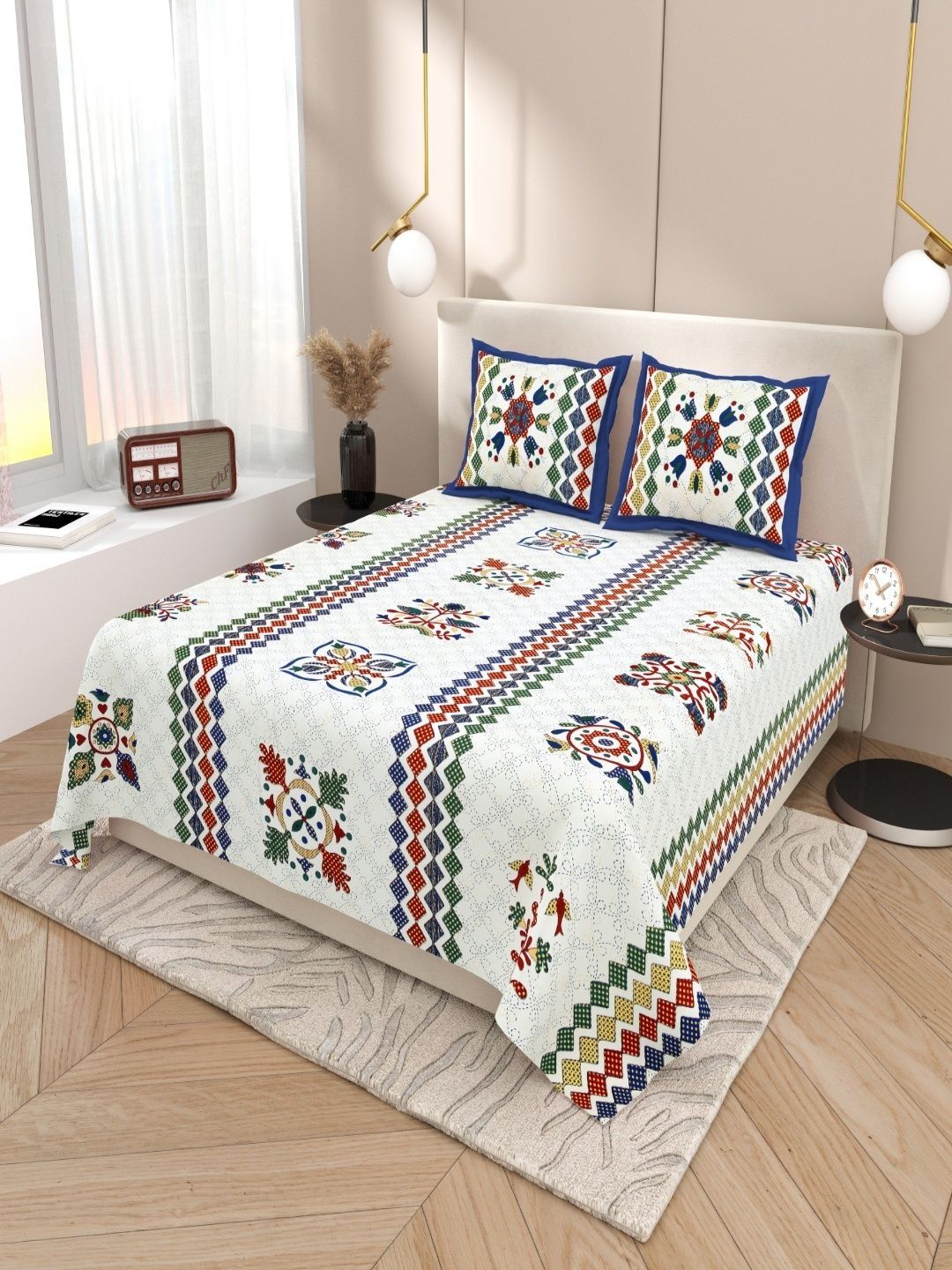 Sangria Blue Floral Soft Feel 120 TC King Superfine Bedsheets-picture-47