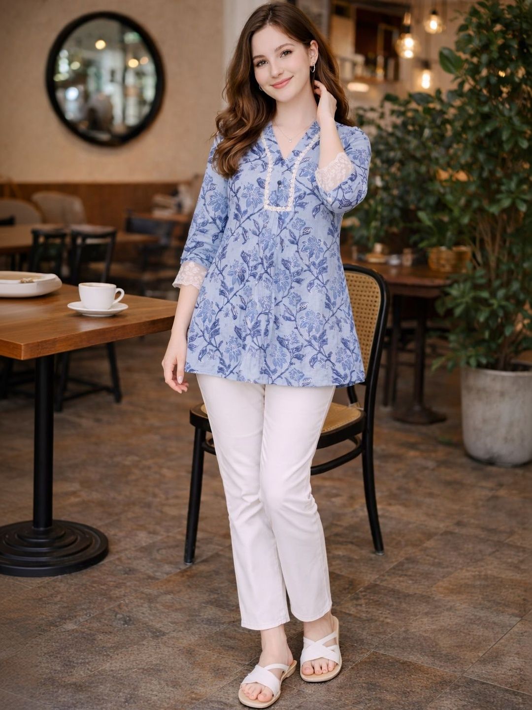 KALINI Floral Print Mandarin Collar Ethnic Cotton Blend Peplum Top-picture-20