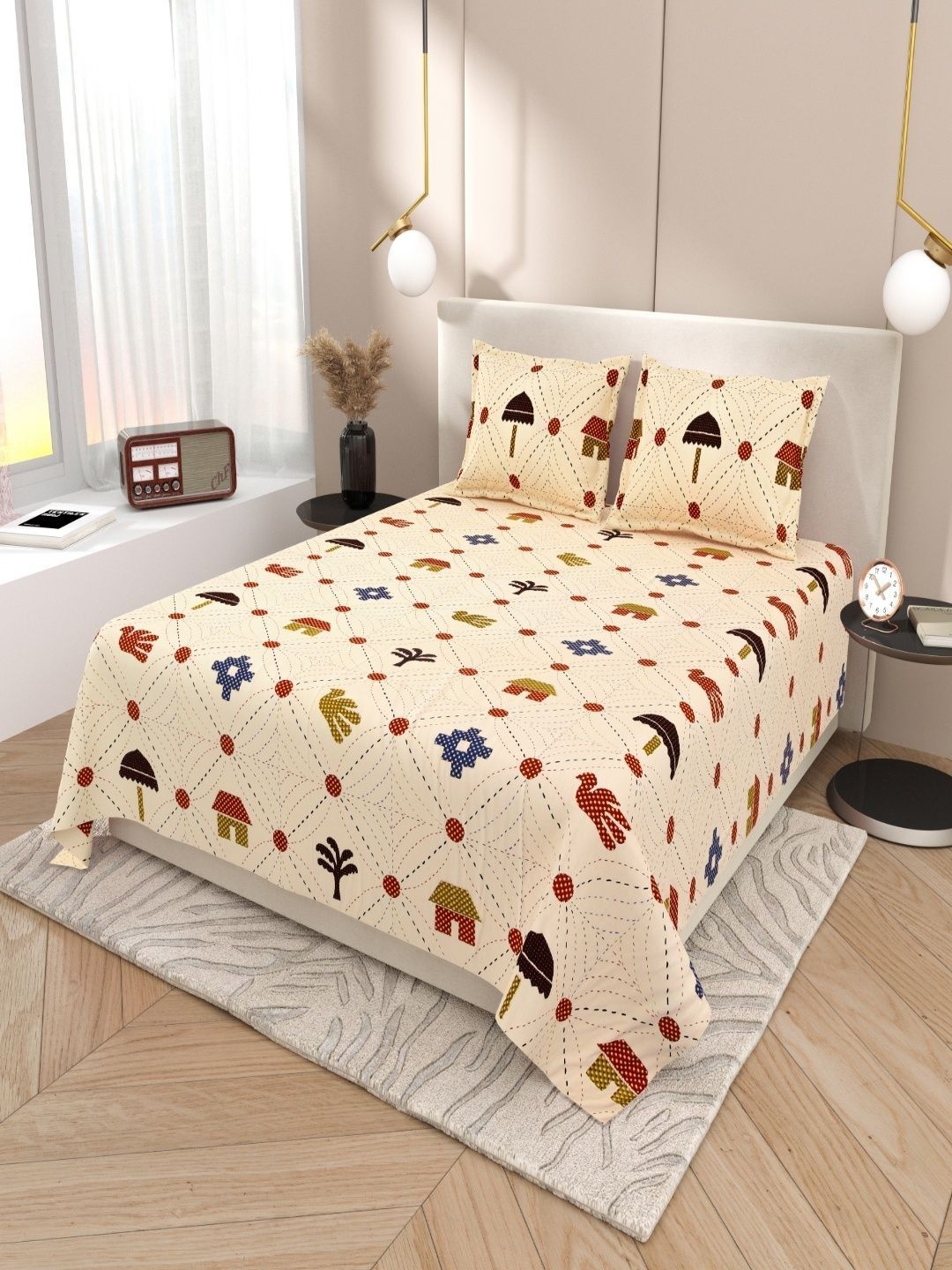 Sangria Green Geometric Soft Feel 120 TC King Superfine Bedsheets-image-41
