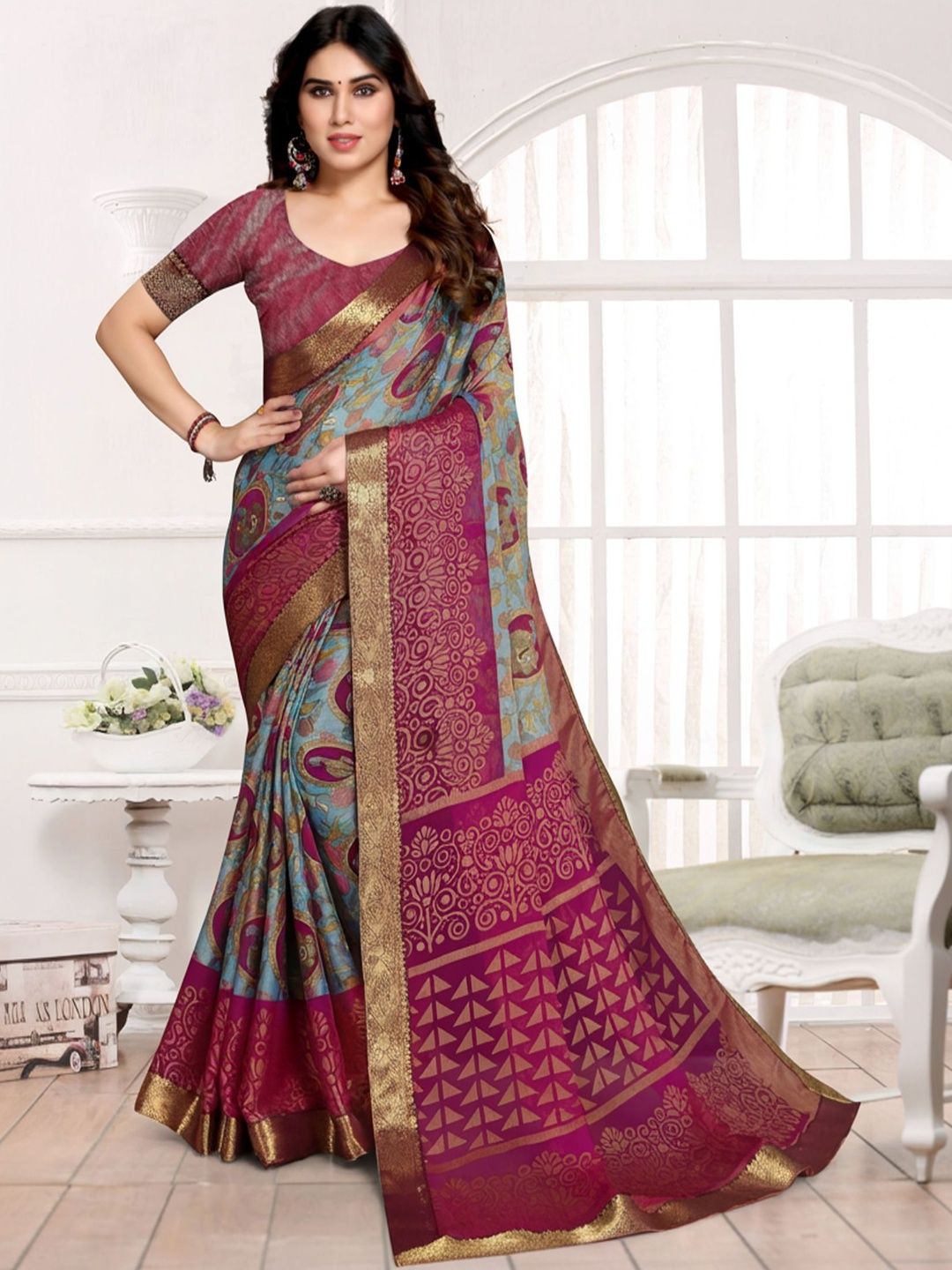 Sangria Floral Printed Sarees With Unstitched Blouse Piece-picture-32
