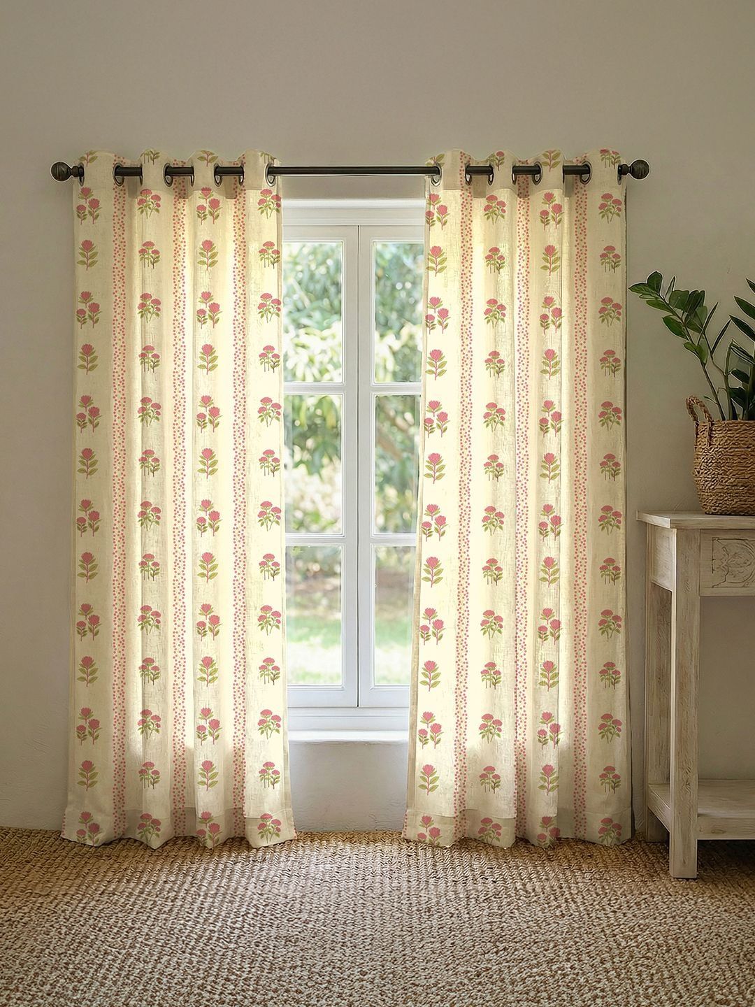 URBAN SPACE Pink & Off White Set of 2 Floral Window Curtain-image-33