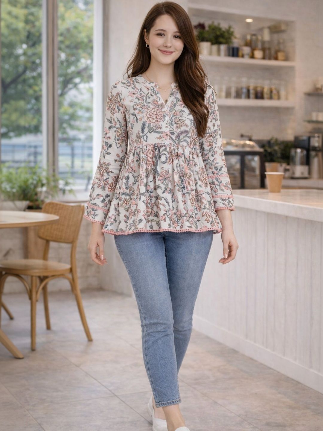KALINI Floral Print Mandarin Collar Ethnic Cotton Blend Peplum Top-picture-45