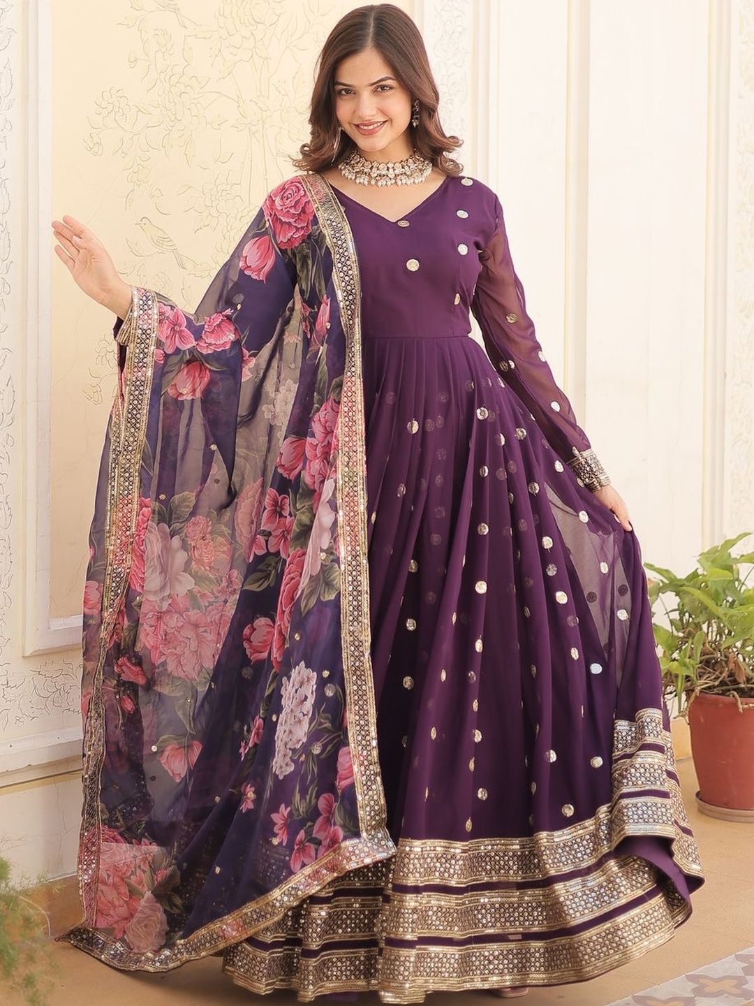 HERE&NOW Embroidered V-Neck Fit and Flare Ethnic Dresses-picture-50