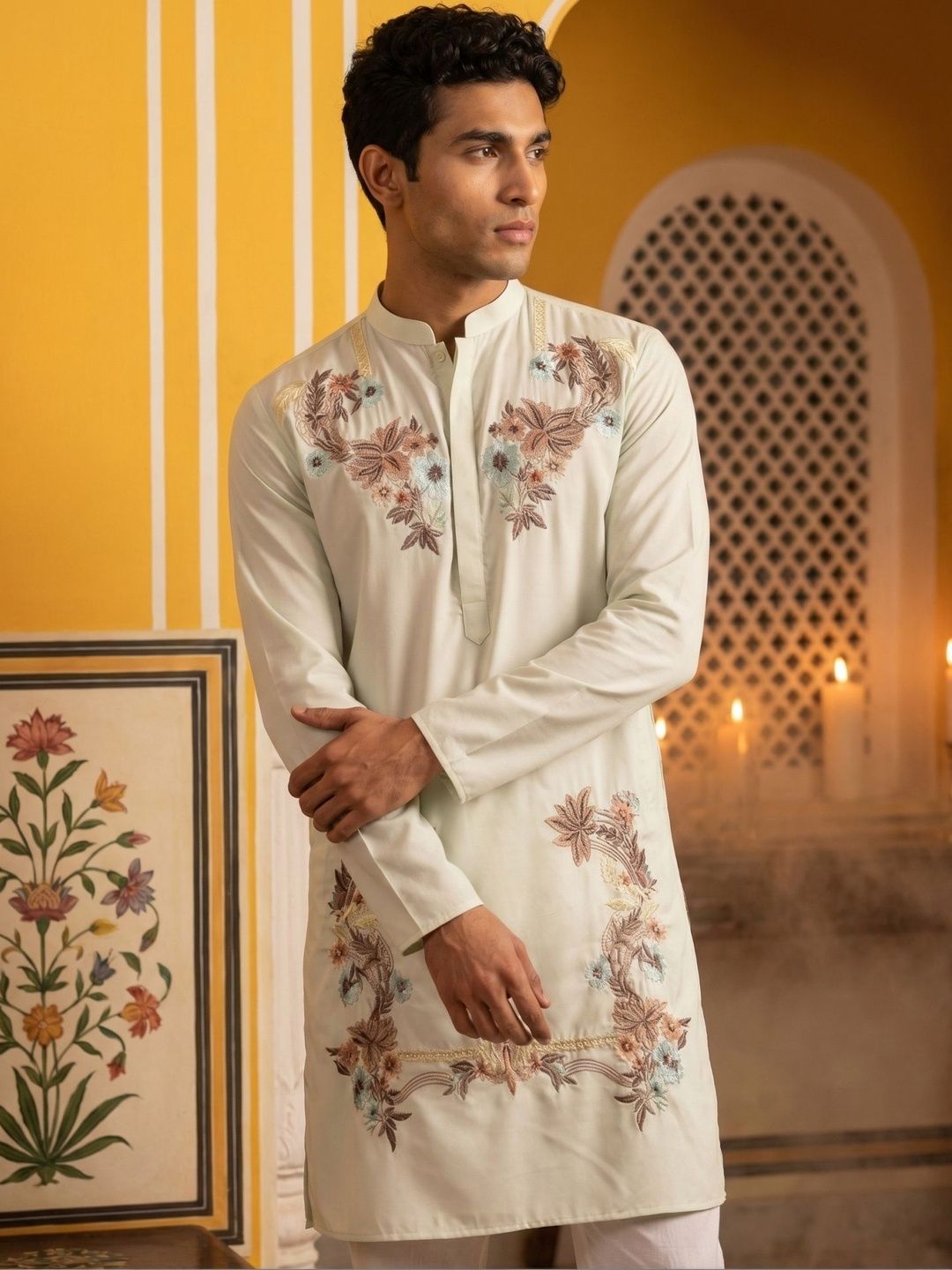 Jompers Men Floral Embroidered Chikankari Kurta-image-45