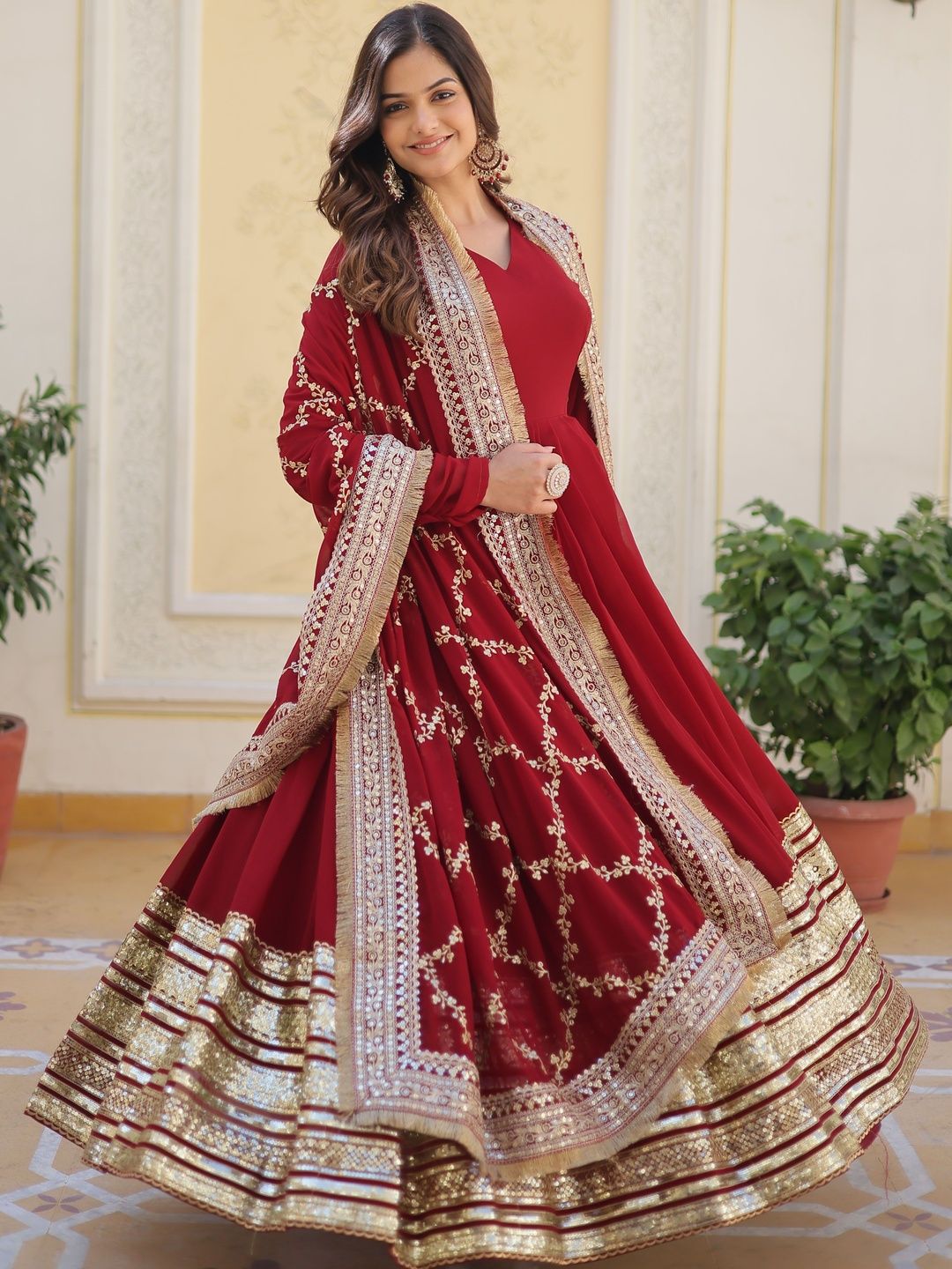 HERE&NOW Embroidered V-Neck Flared Maxi Ethnic Dress-picture-15