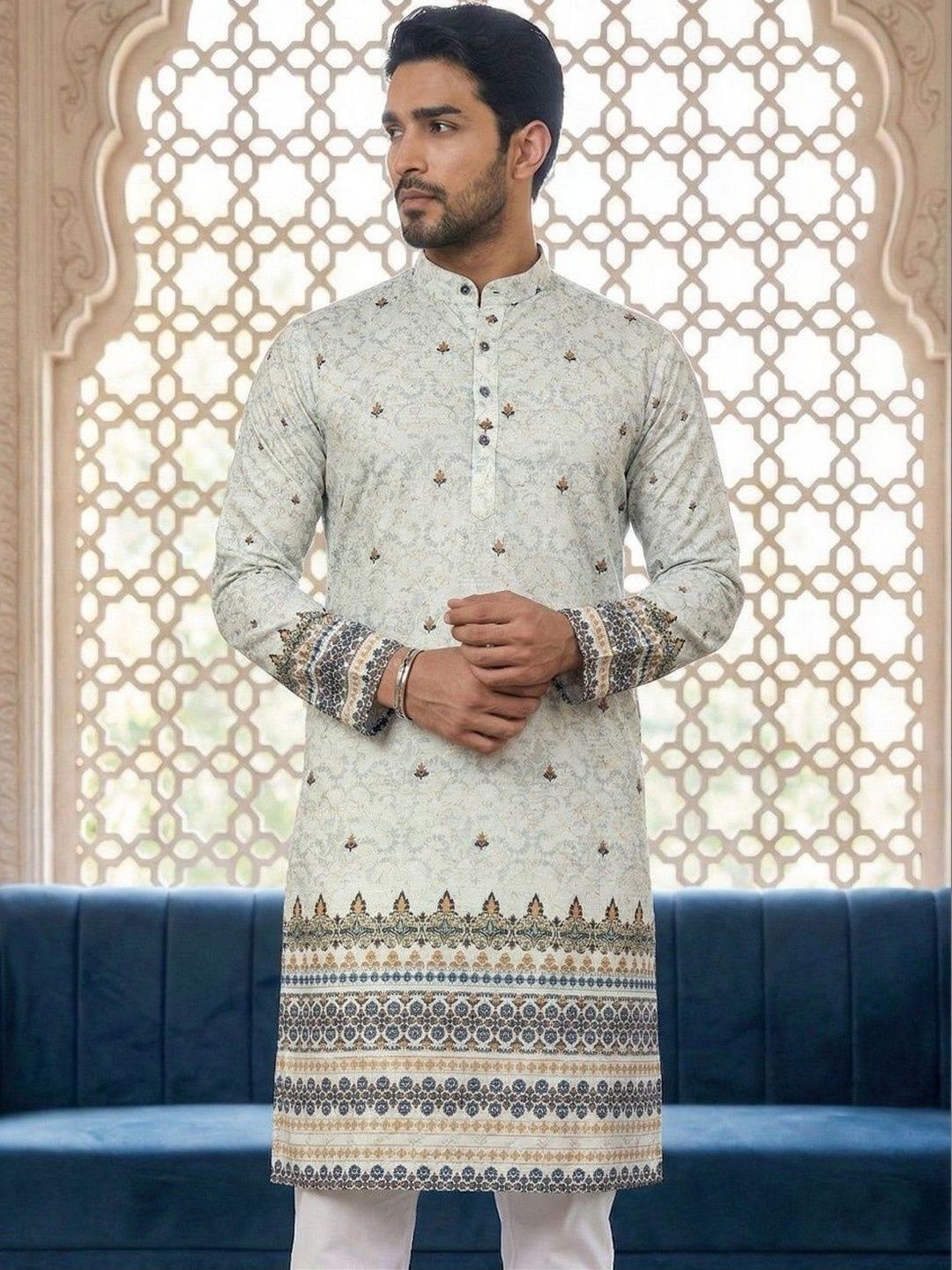 Dincharya Men Ethnic Motifs Printed Sequinned Floral Kurta-picture-56