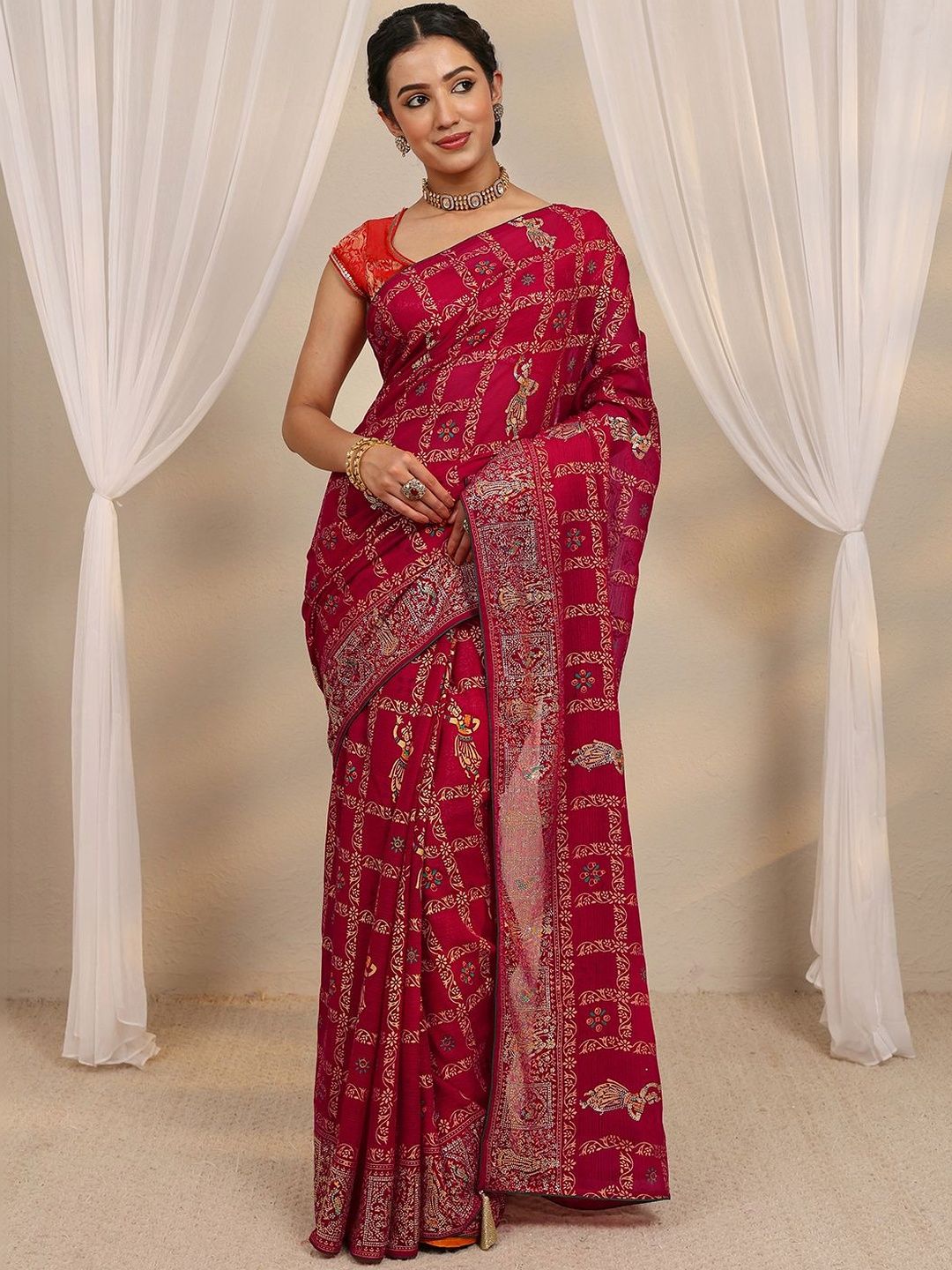 Libas Pink Ethnic Printed Saree with Unstitched Blouse Piece-picture-12