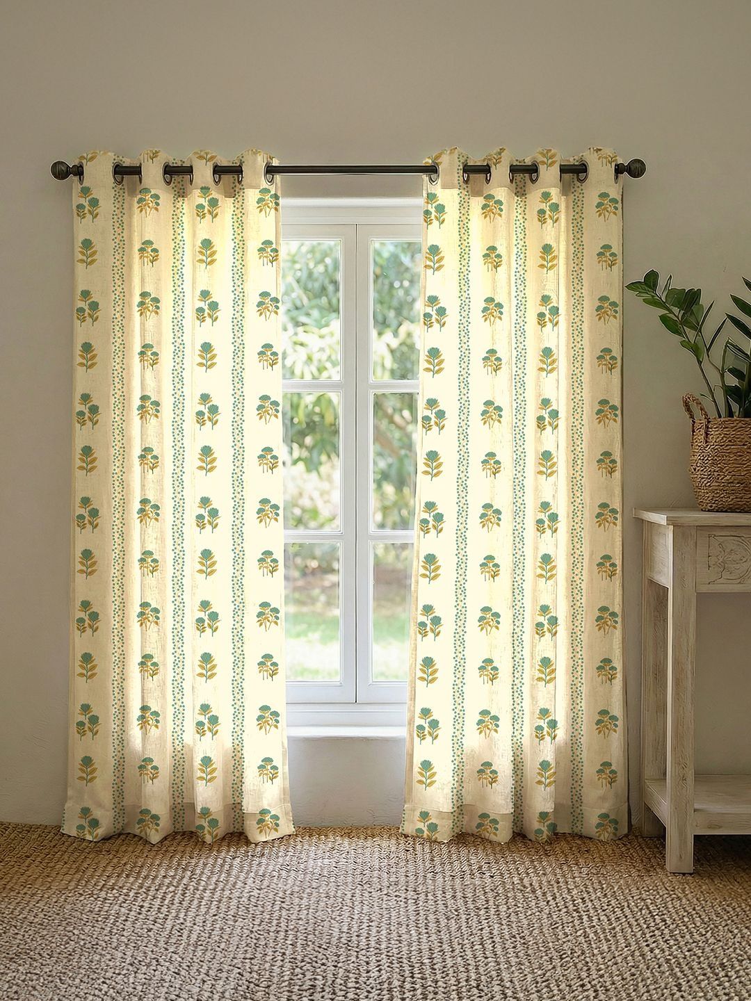 URBAN SPACE Green & Off White Set of 2 Floral Window Curtain-image-42