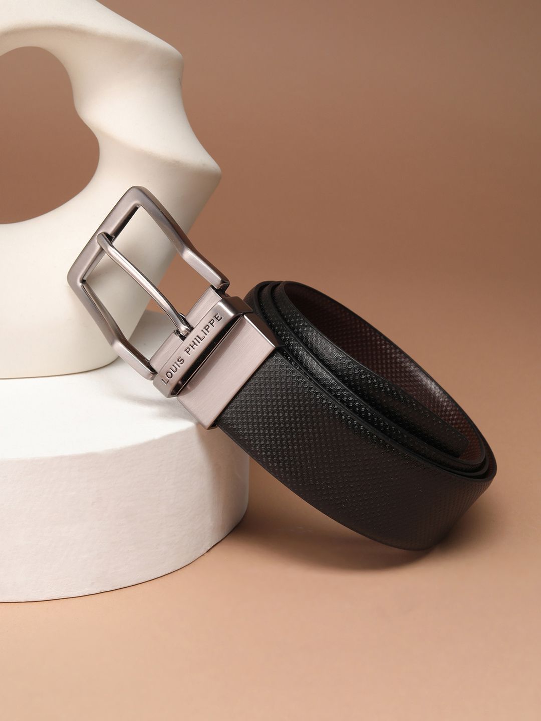 Louis Philippe Men Black Textured Leather Reversible Belt