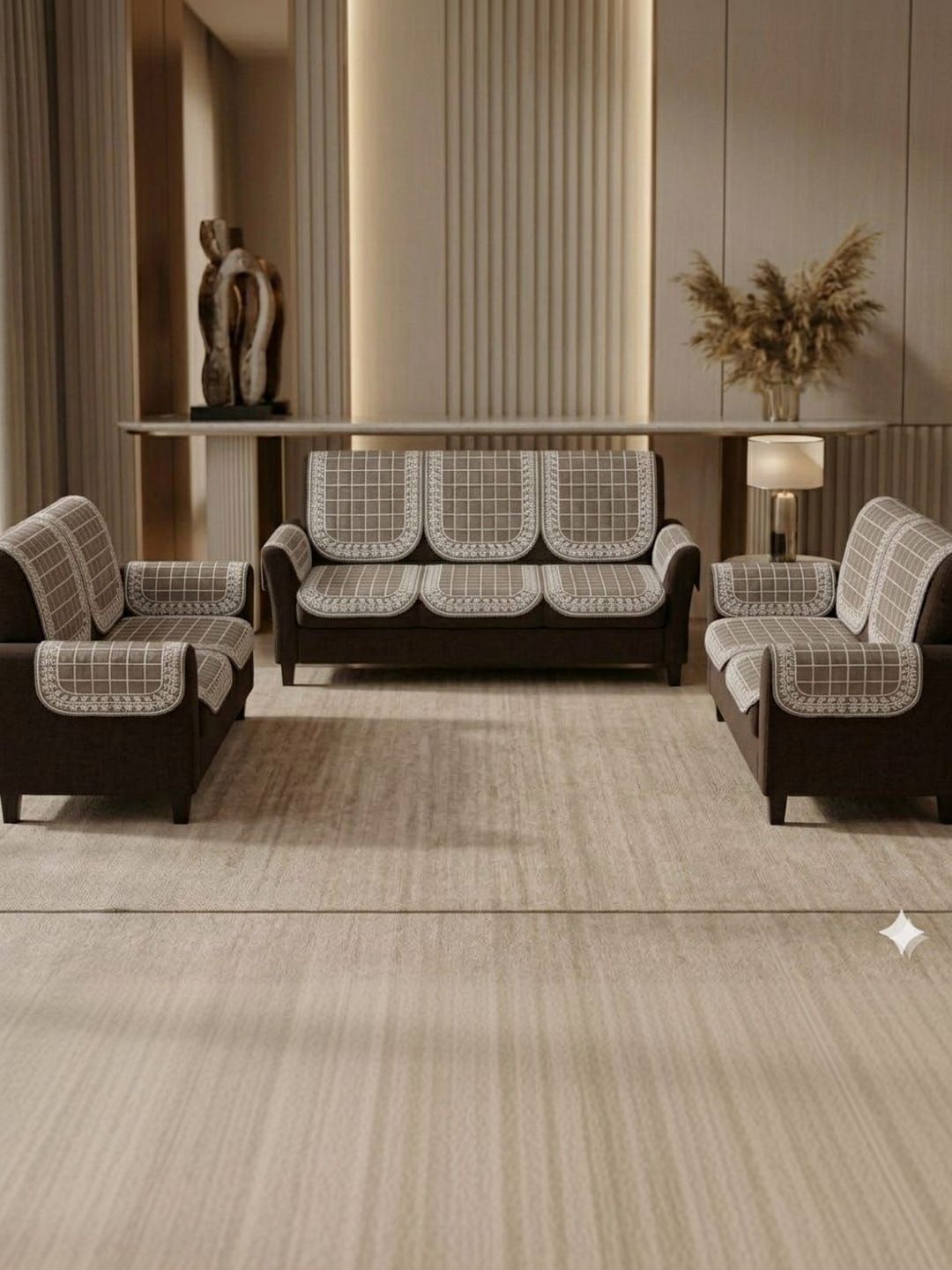 RAINBOW FURNISHINGS Coffee Brown Checked Viscose Rayon Blend Sofa Cover With Arms-image-8